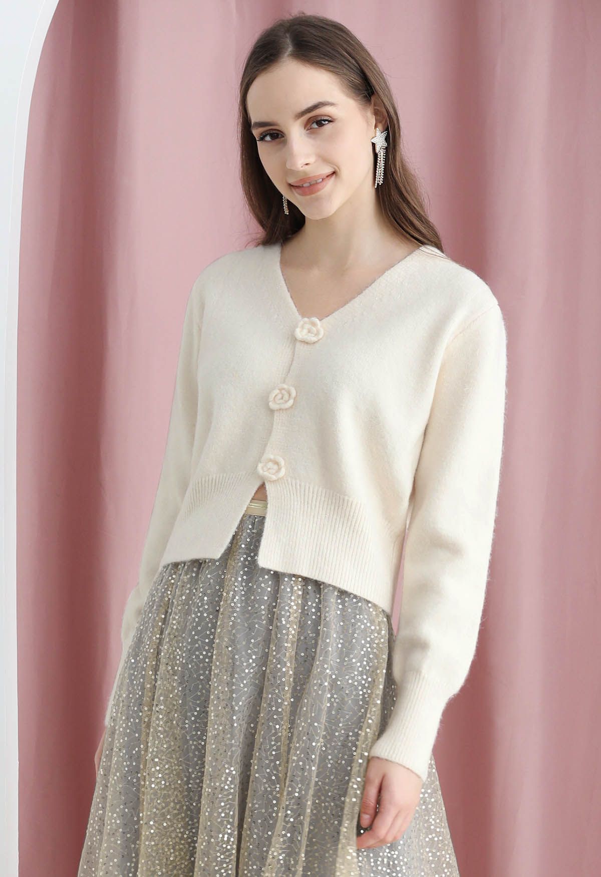 Flower Decorated Metallic Shimmer Mix Knit Crop Cardigan in Cream