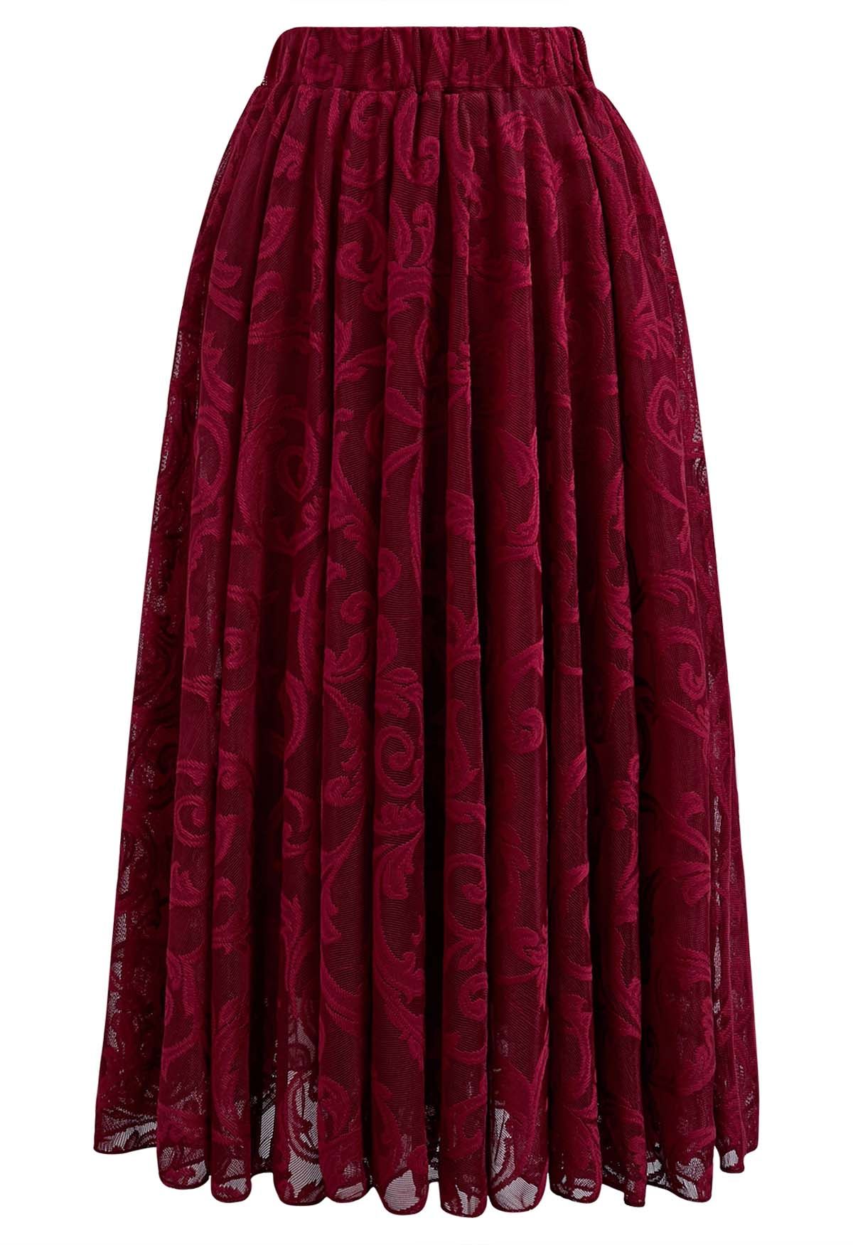 Sophisticated Floral Mesh Tulle Midi Skirt in Burgundy