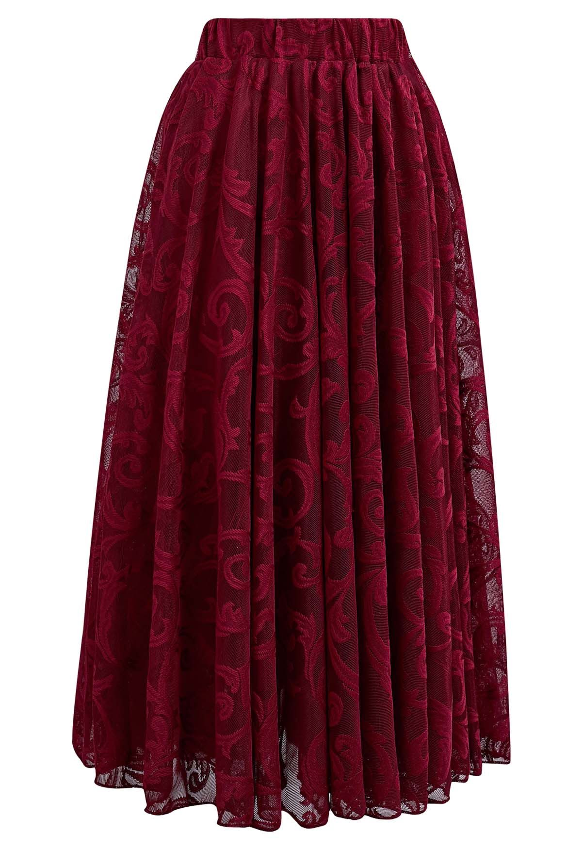 Sophisticated Floral Mesh Tulle Midi Skirt in Burgundy