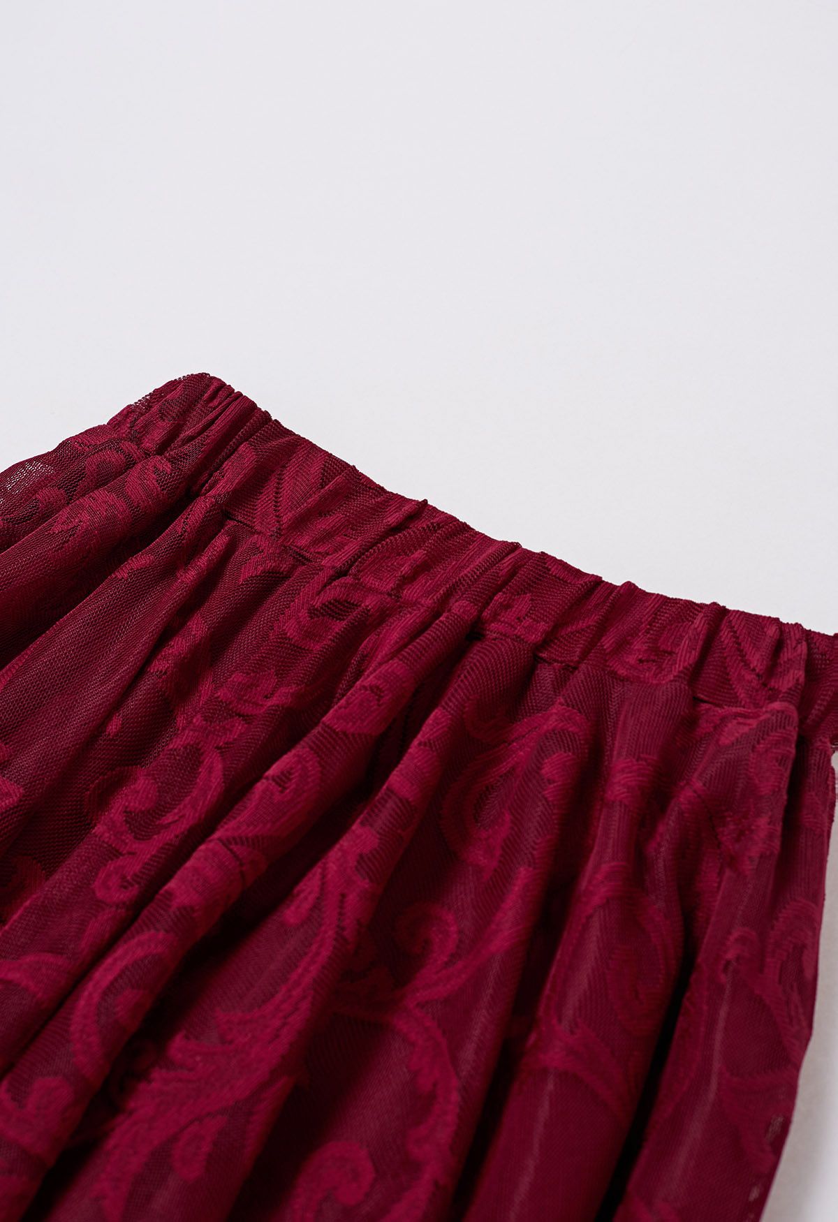 Sophisticated Floral Mesh Tulle Midi Skirt in Burgundy