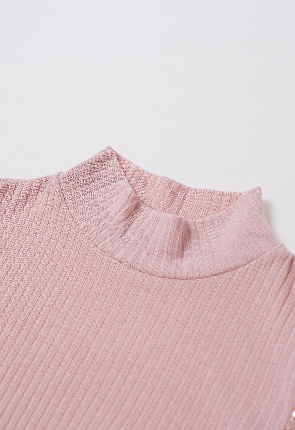 Sequin Mesh Sleeves Mock Neck Knit Top in Pink - Retro, Indie and ...