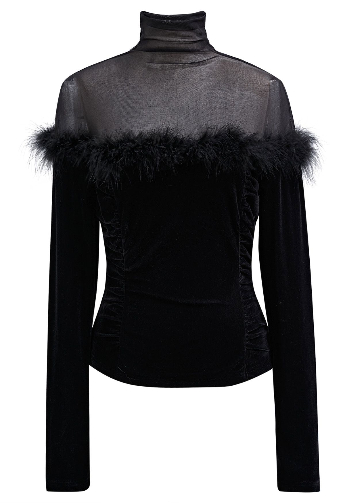 Feather Trim Mesh Spliced Velvet Top in Black