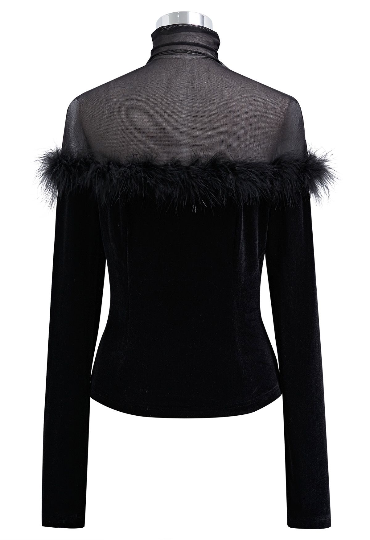 Feather Trim Mesh Spliced Velvet Top in Black