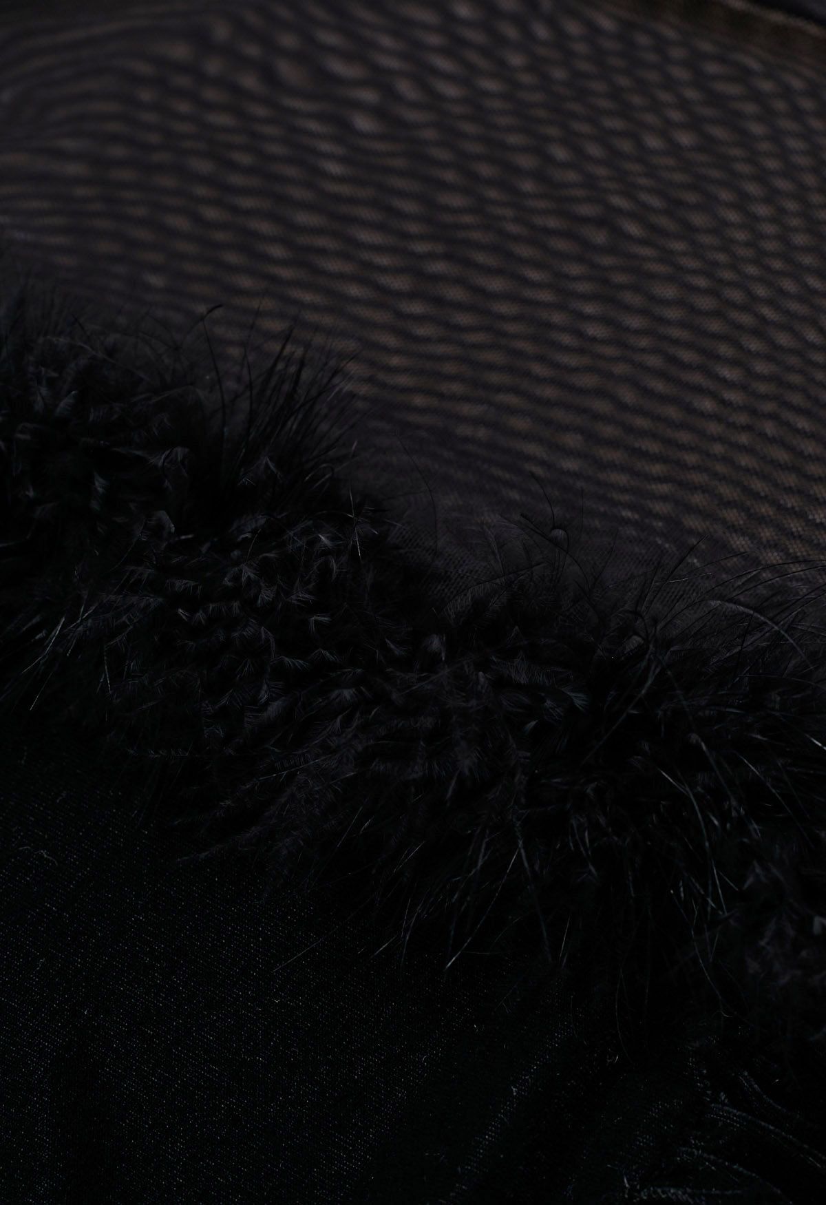 Feather Trim Mesh Spliced Velvet Top in Black