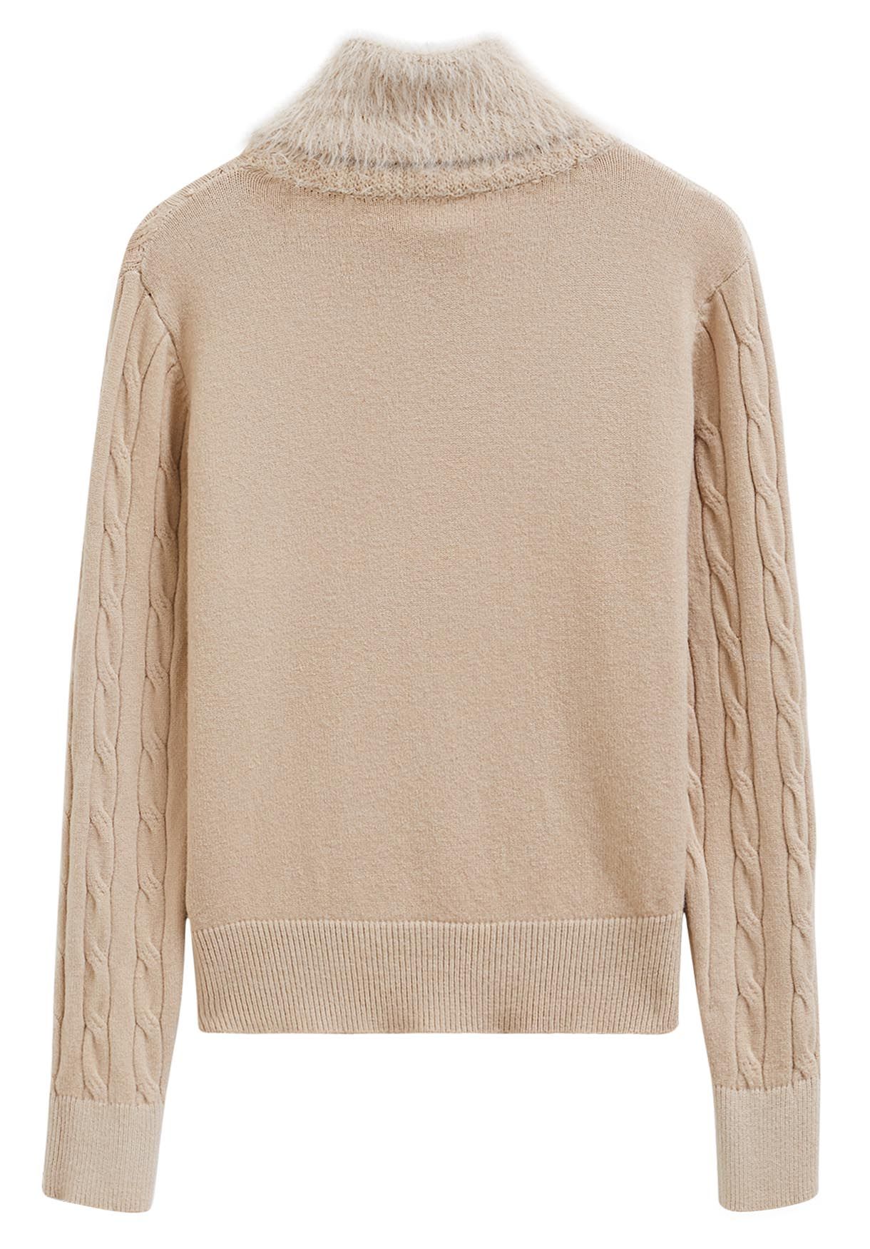 Soft Fuzzy Turtleneck Cable Knit Sweater in Camel