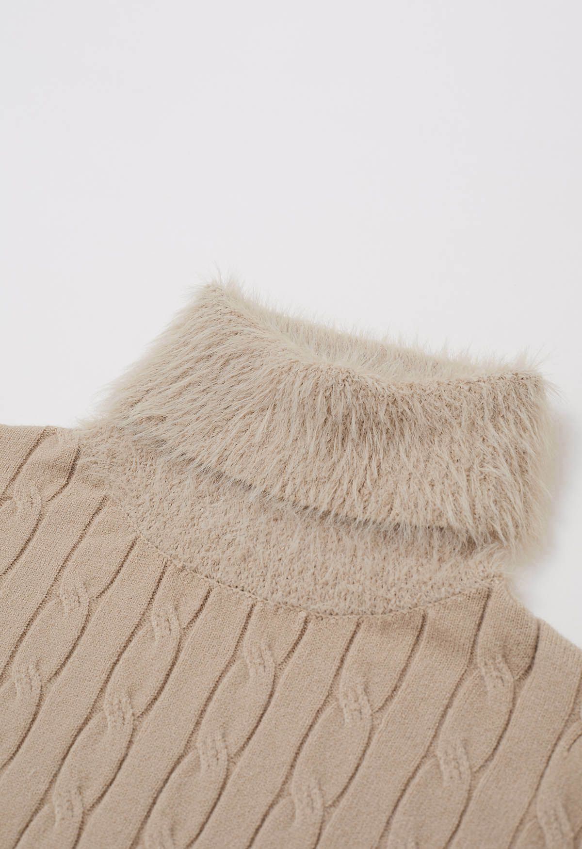 Soft Fuzzy Turtleneck Cable Knit Sweater in Camel