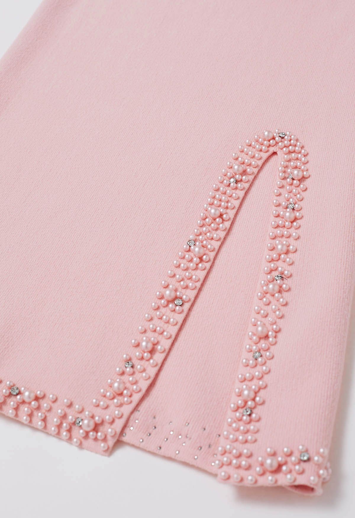 Pearl Embellished Slit Hem Knit Pencil Skirt in Light Pink