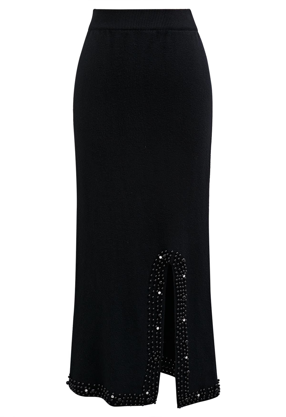 Pearl Embellished Slit Hem Knit Pencil Skirt in Black - Retro, Indie ...