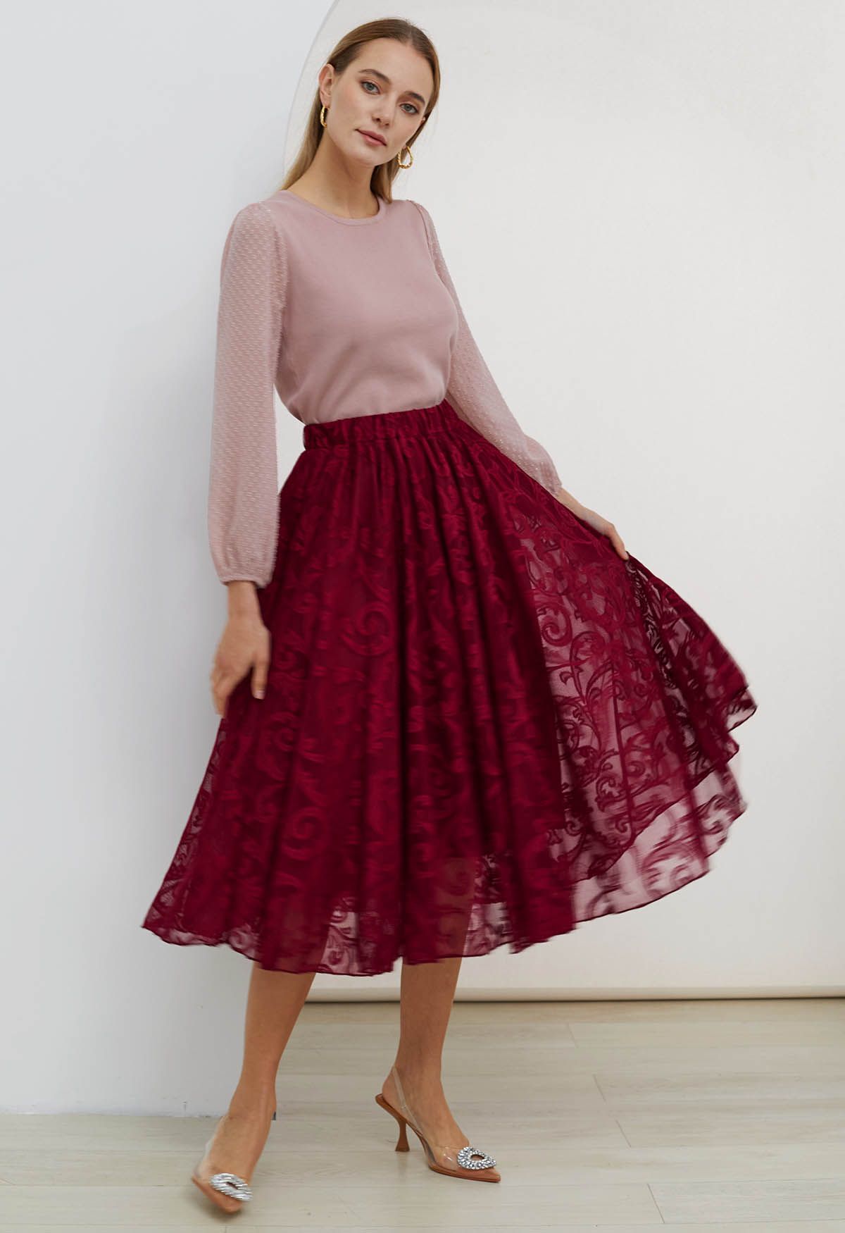 Sophisticated Floral Mesh Tulle Midi Skirt in Burgundy