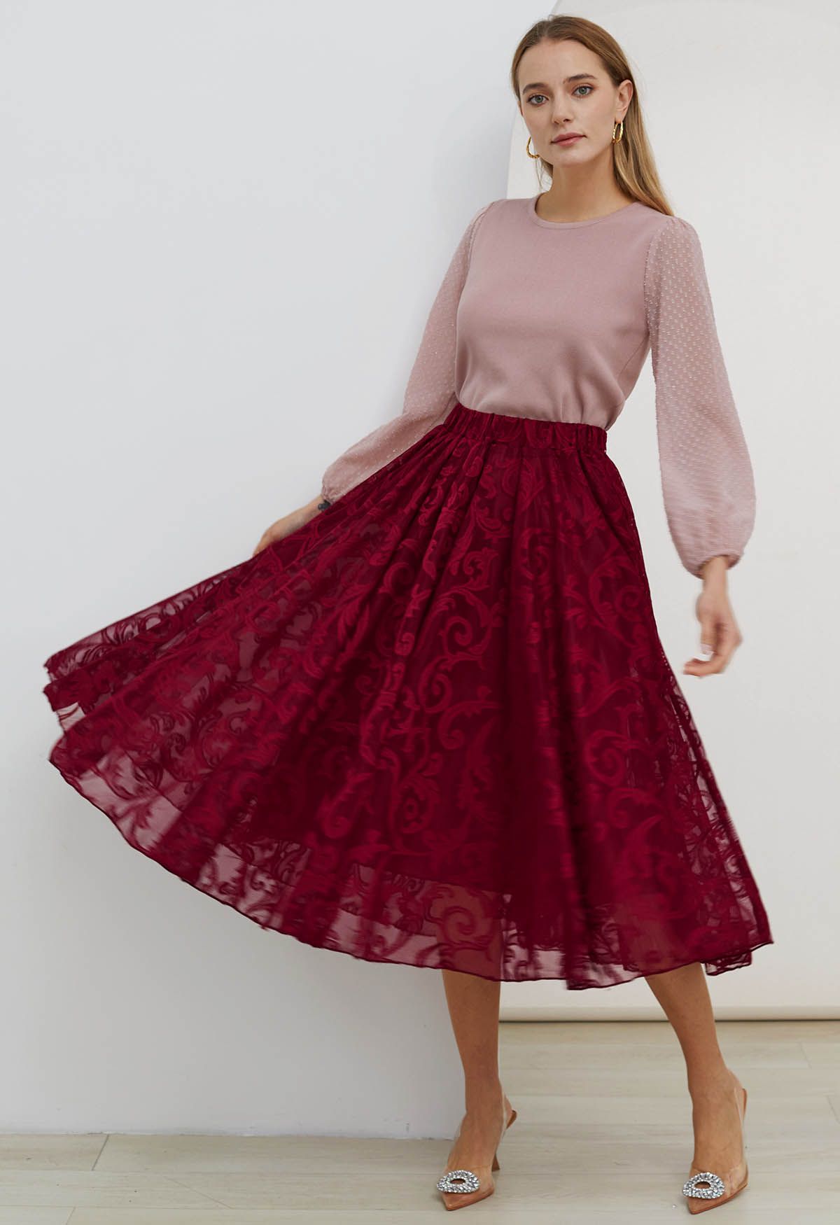 Sophisticated Floral Mesh Tulle Midi Skirt in Burgundy