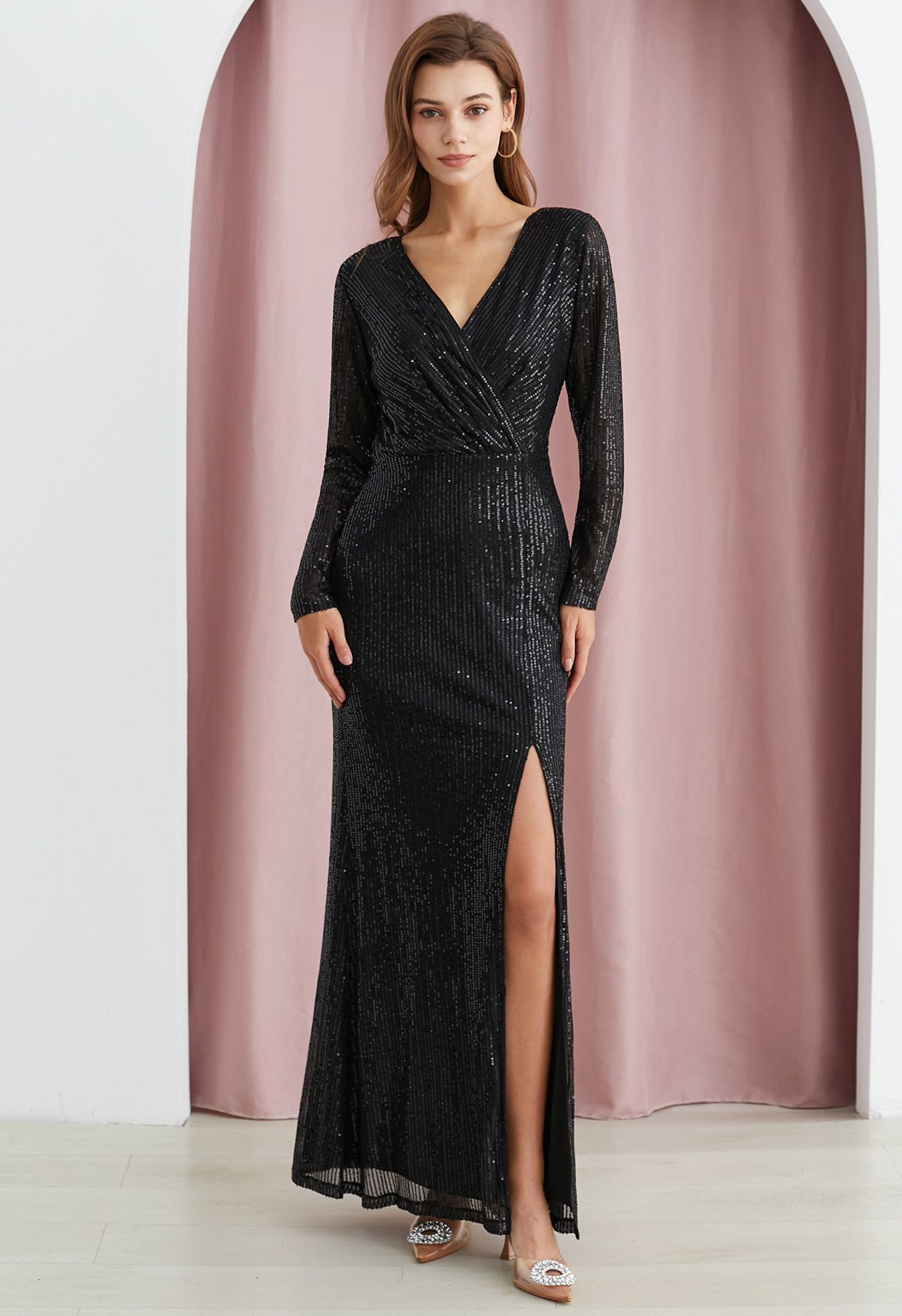 Darling Sequin Faux-Wrap High Slit Gown in Black