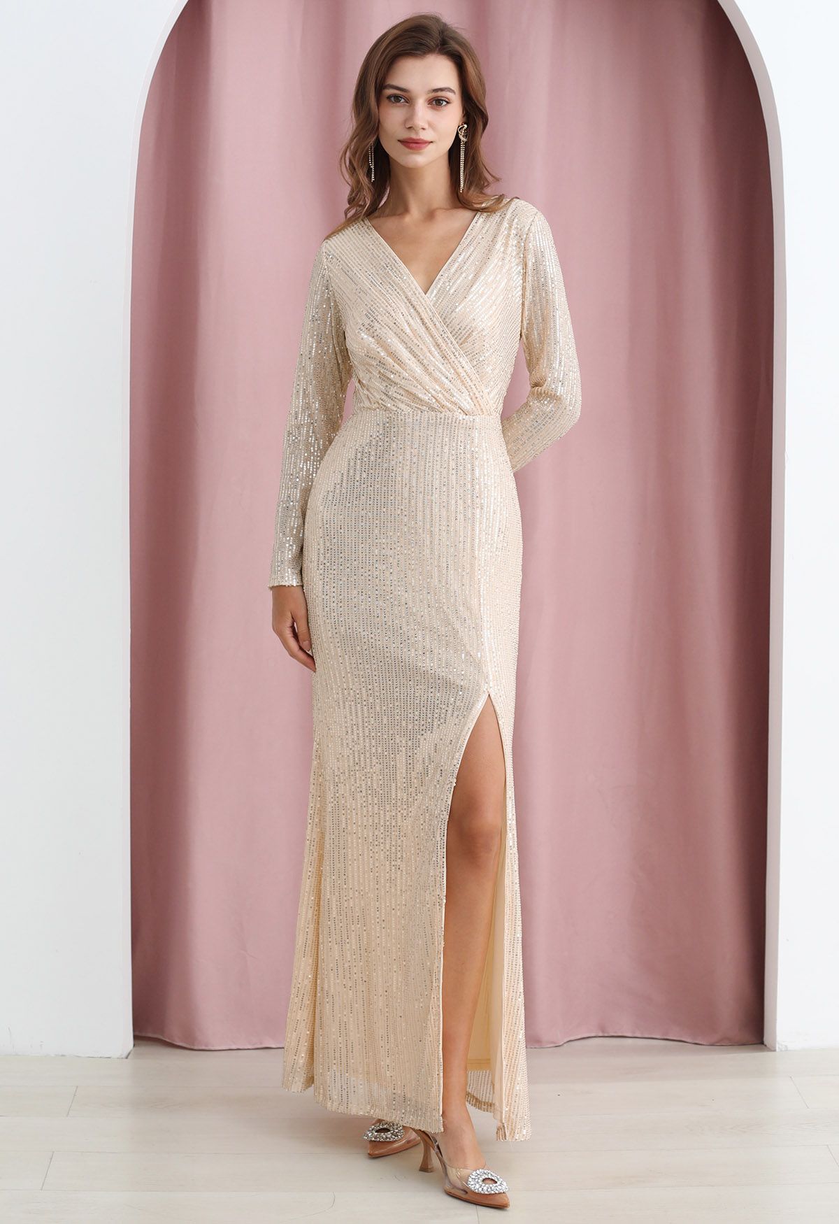 Darling Sequin Faux-Wrap High Slit Gown in Cream