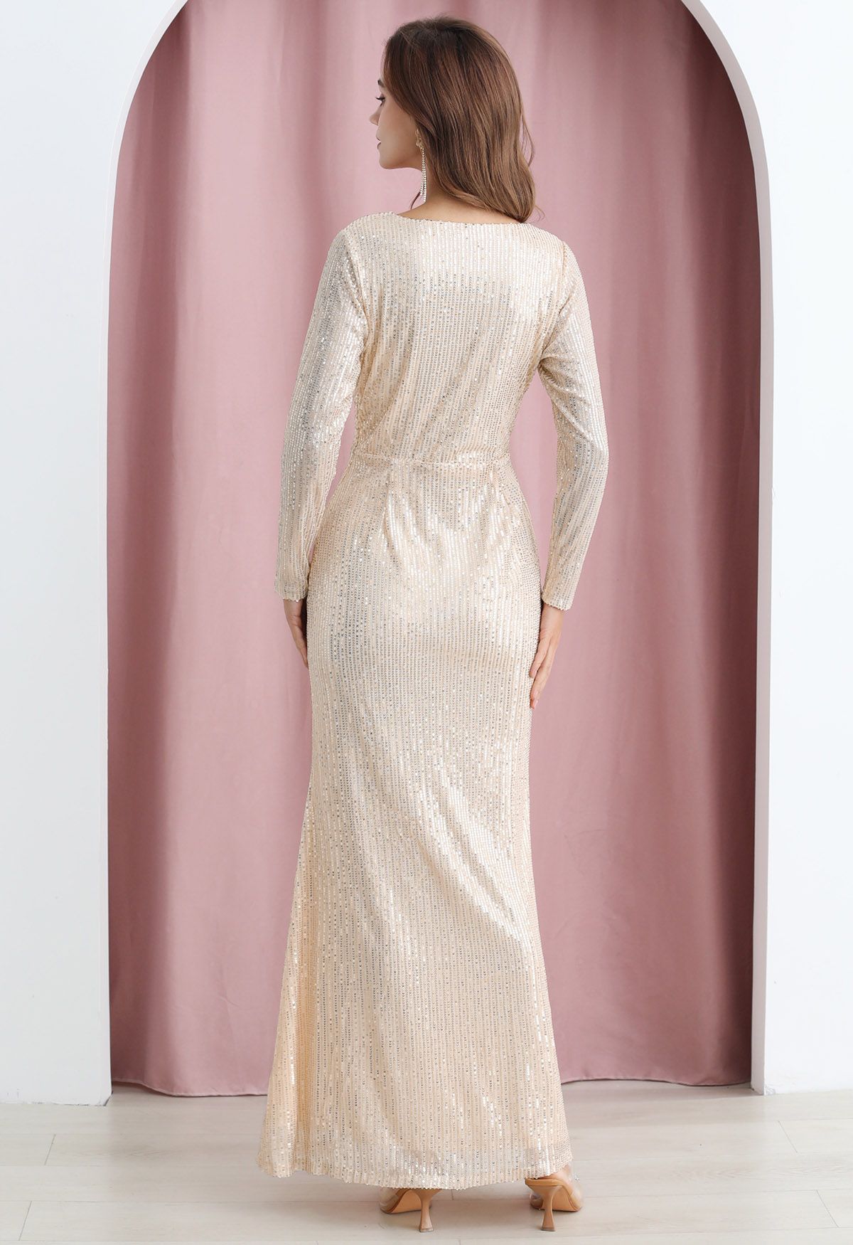 Darling Sequin Faux-Wrap High Slit Gown in Cream