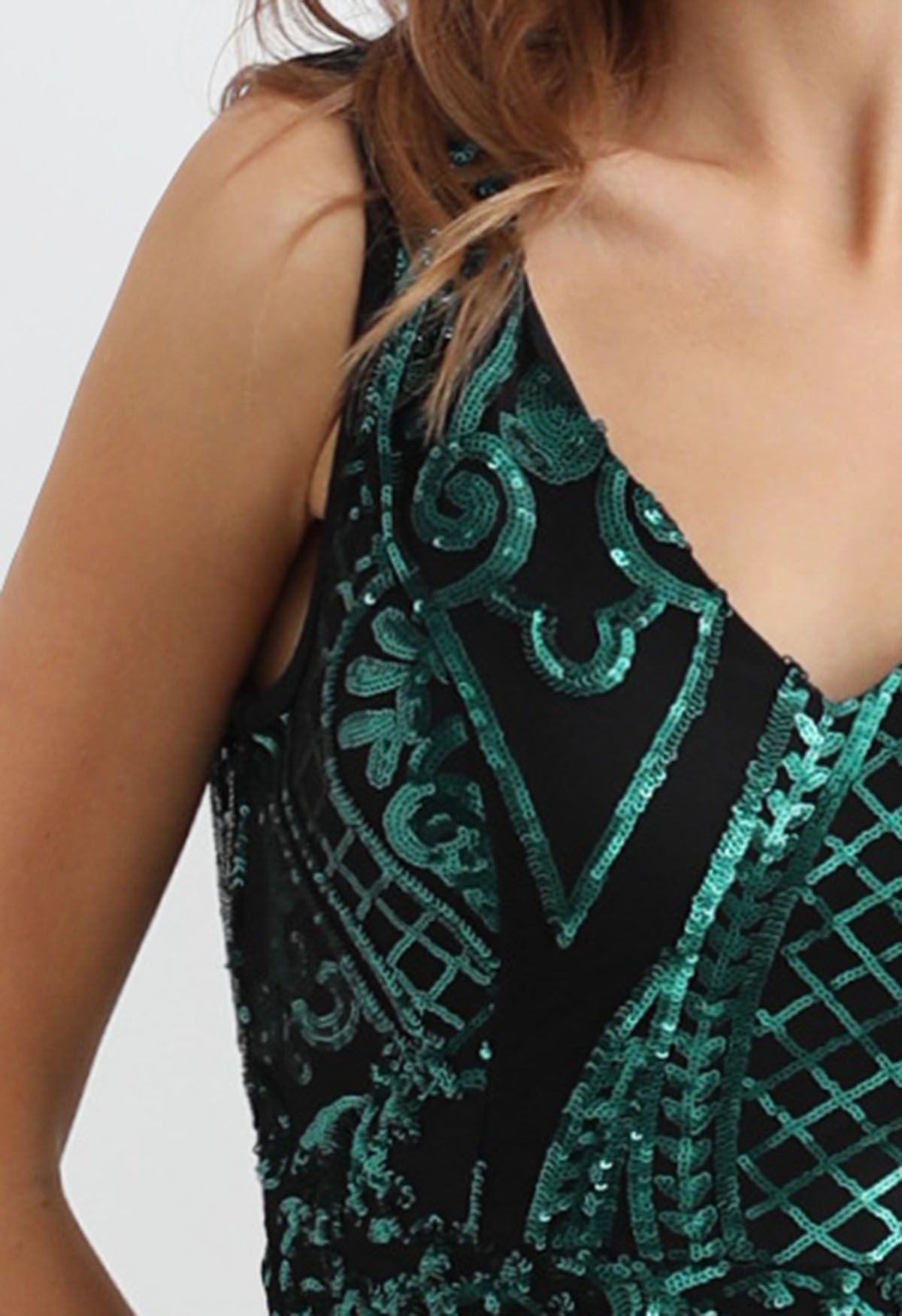 V-Neck Sequined Sleeveless Mermaid Gown in Dark Green