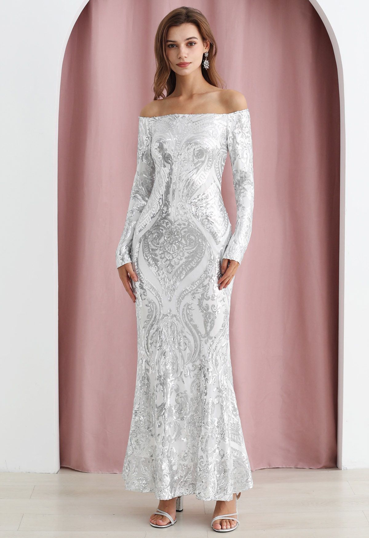 Off-Shoulder Long-Sleeve Sequined Maxi Gown