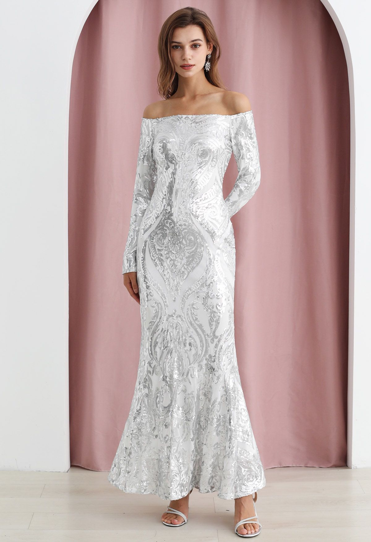 Off-Shoulder Long-Sleeve Sequined Maxi Gown