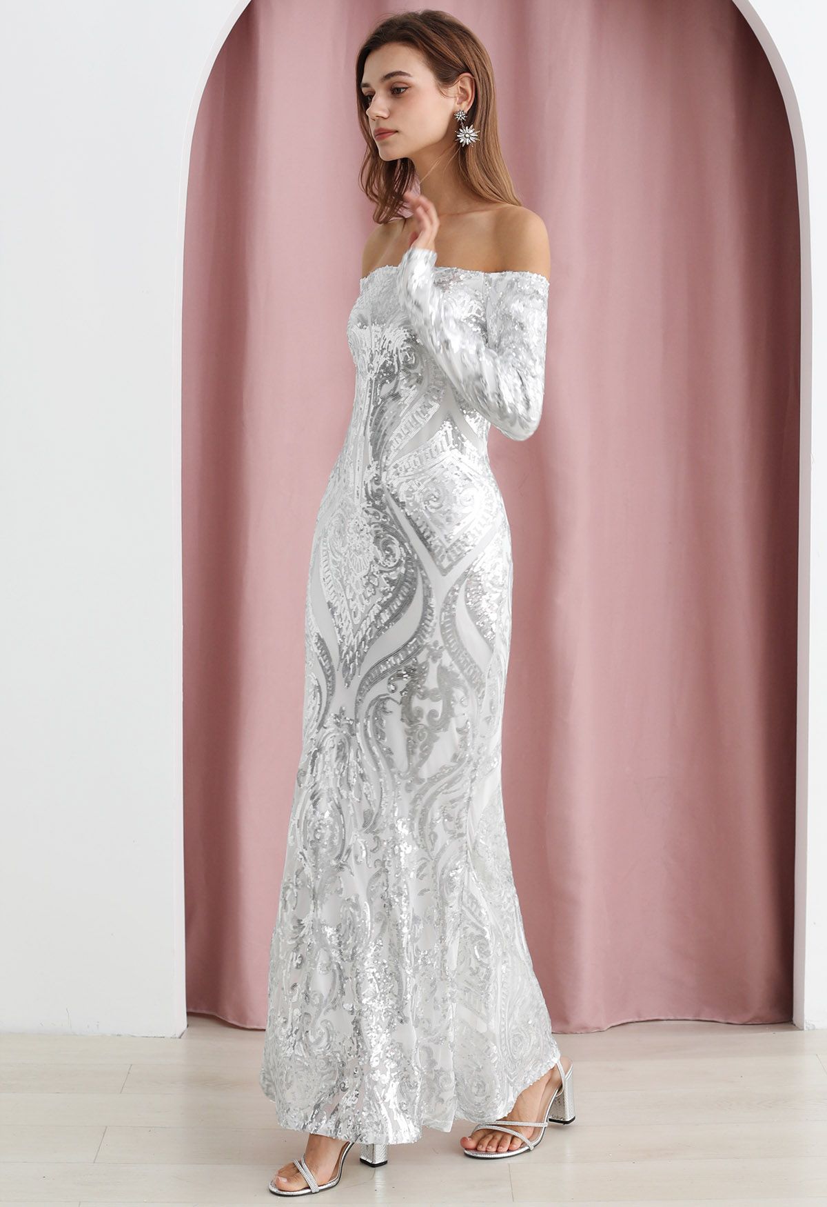 Off-Shoulder Long-Sleeve Sequined Maxi Gown