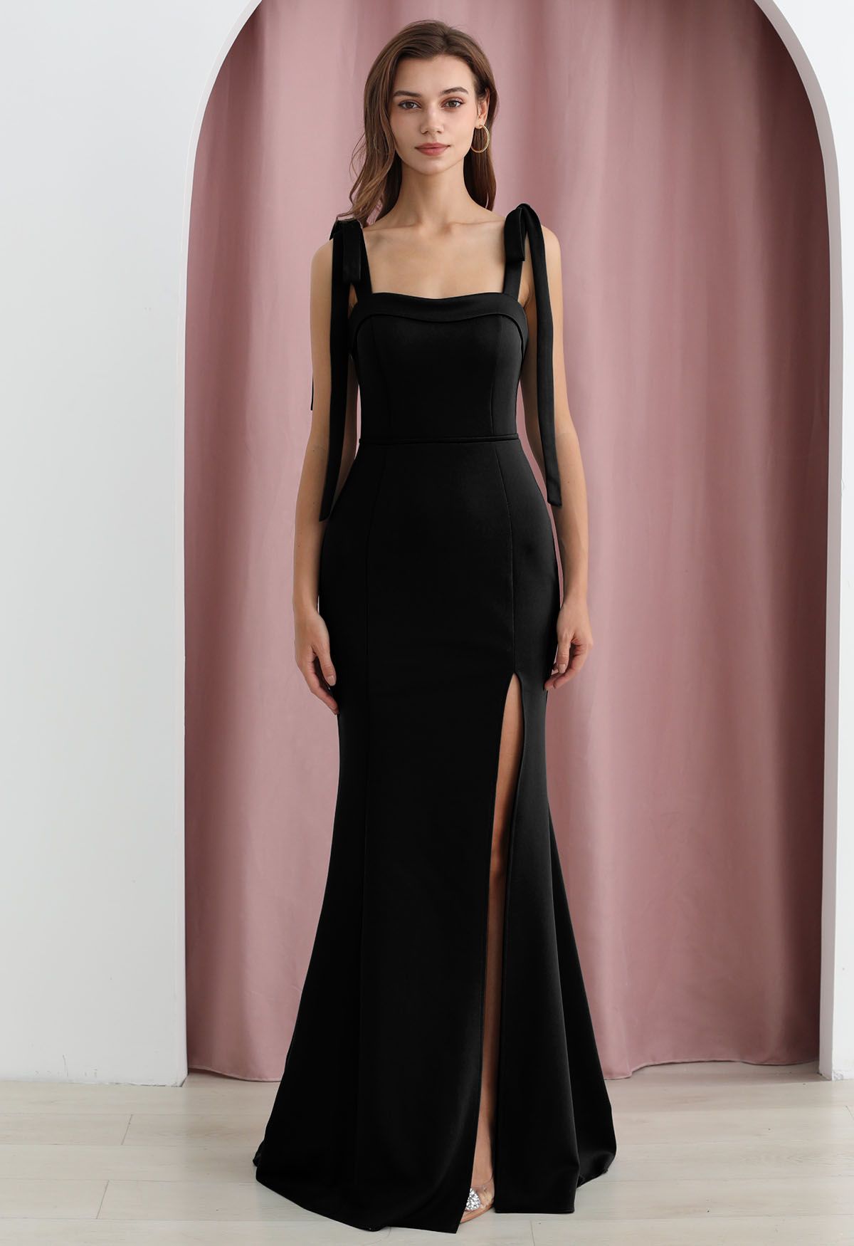 Black high clearance slit maxi dress