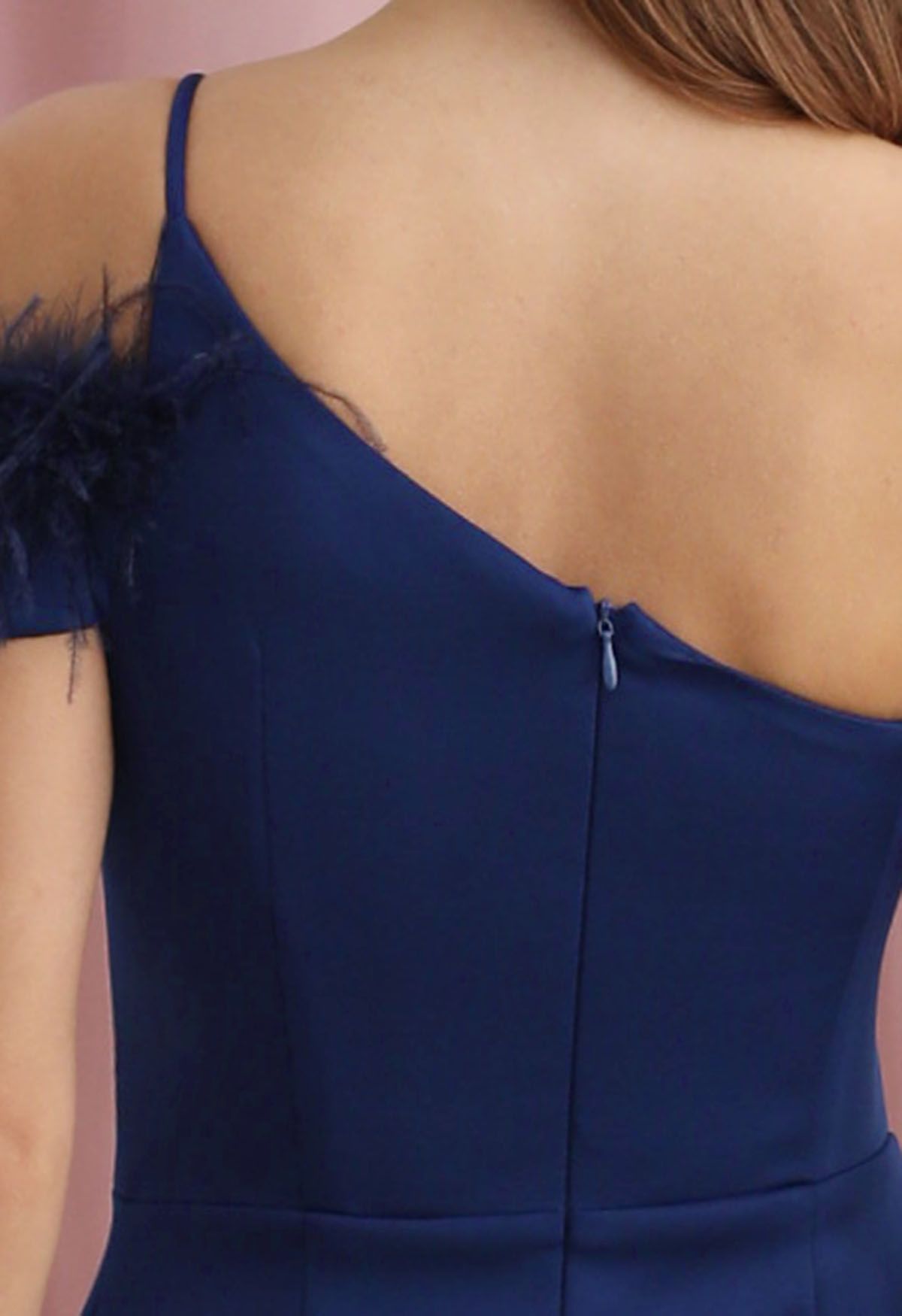 Feather Trim One-Shoulder Slit Mermaid Gown in Navy