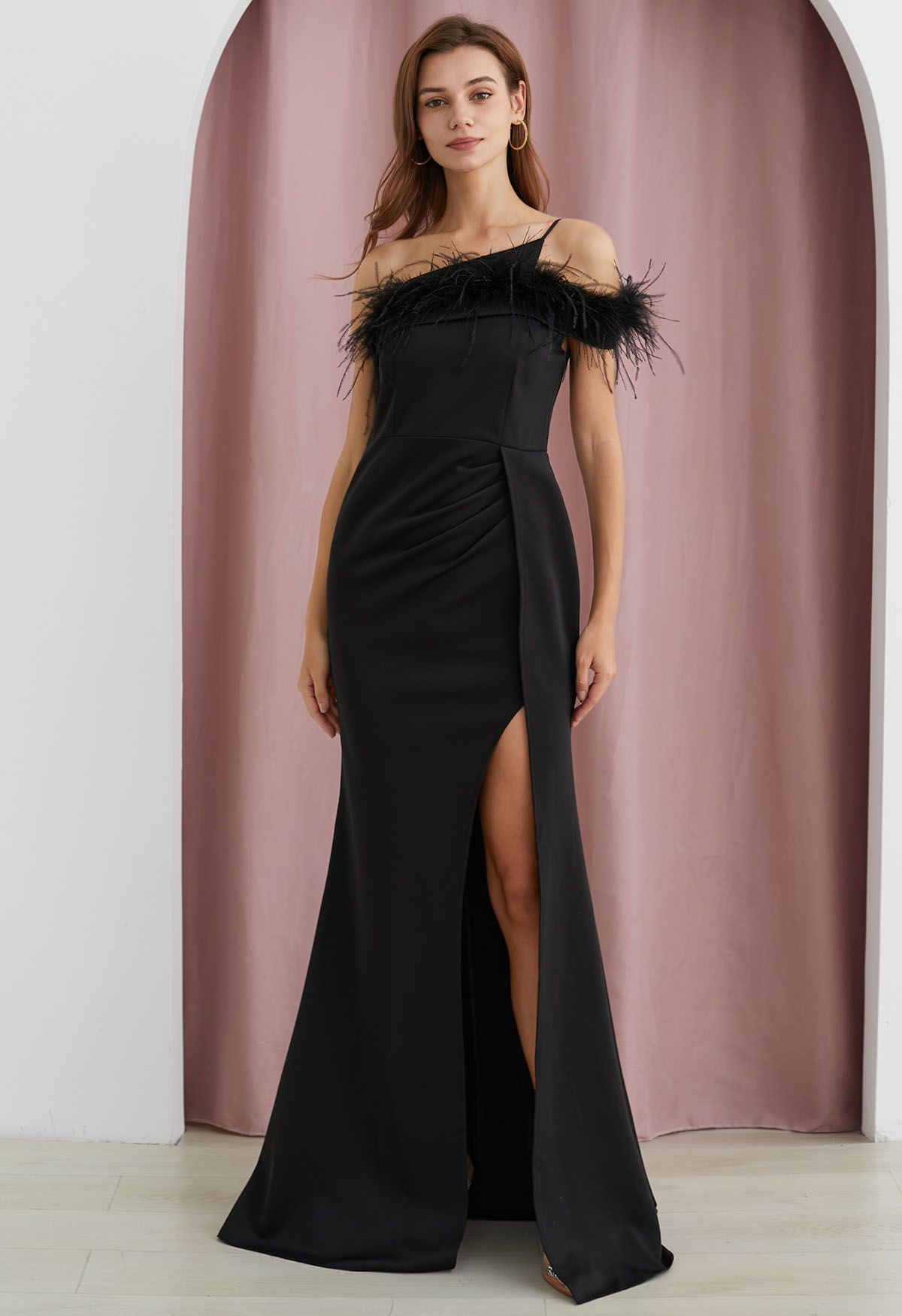 Feather Trim One-Shoulder Slit Mermaid Gown in Black - Retro, Indie and ...