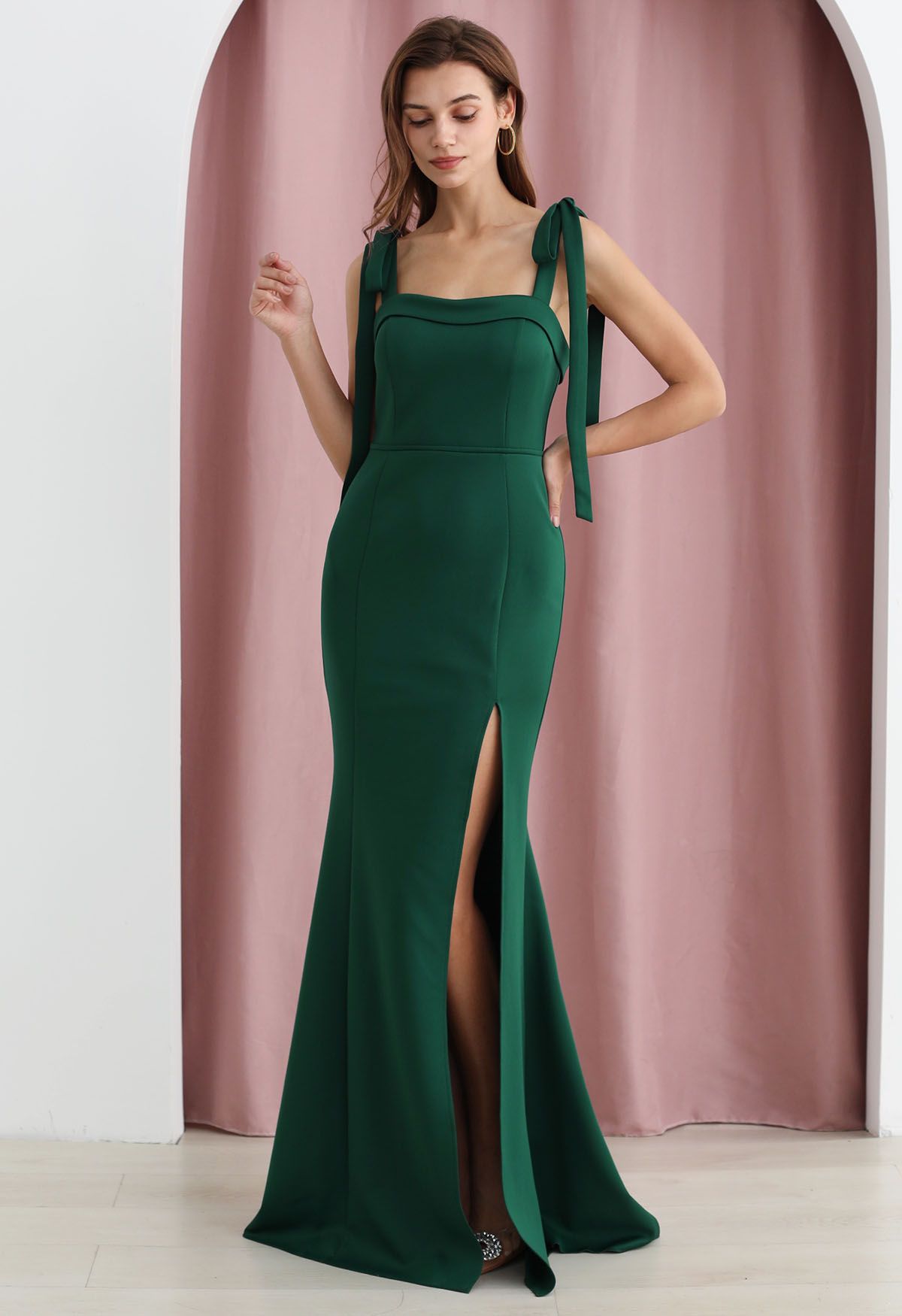 Tie-Shoulder High Slit Maxi Gown in Dark Green