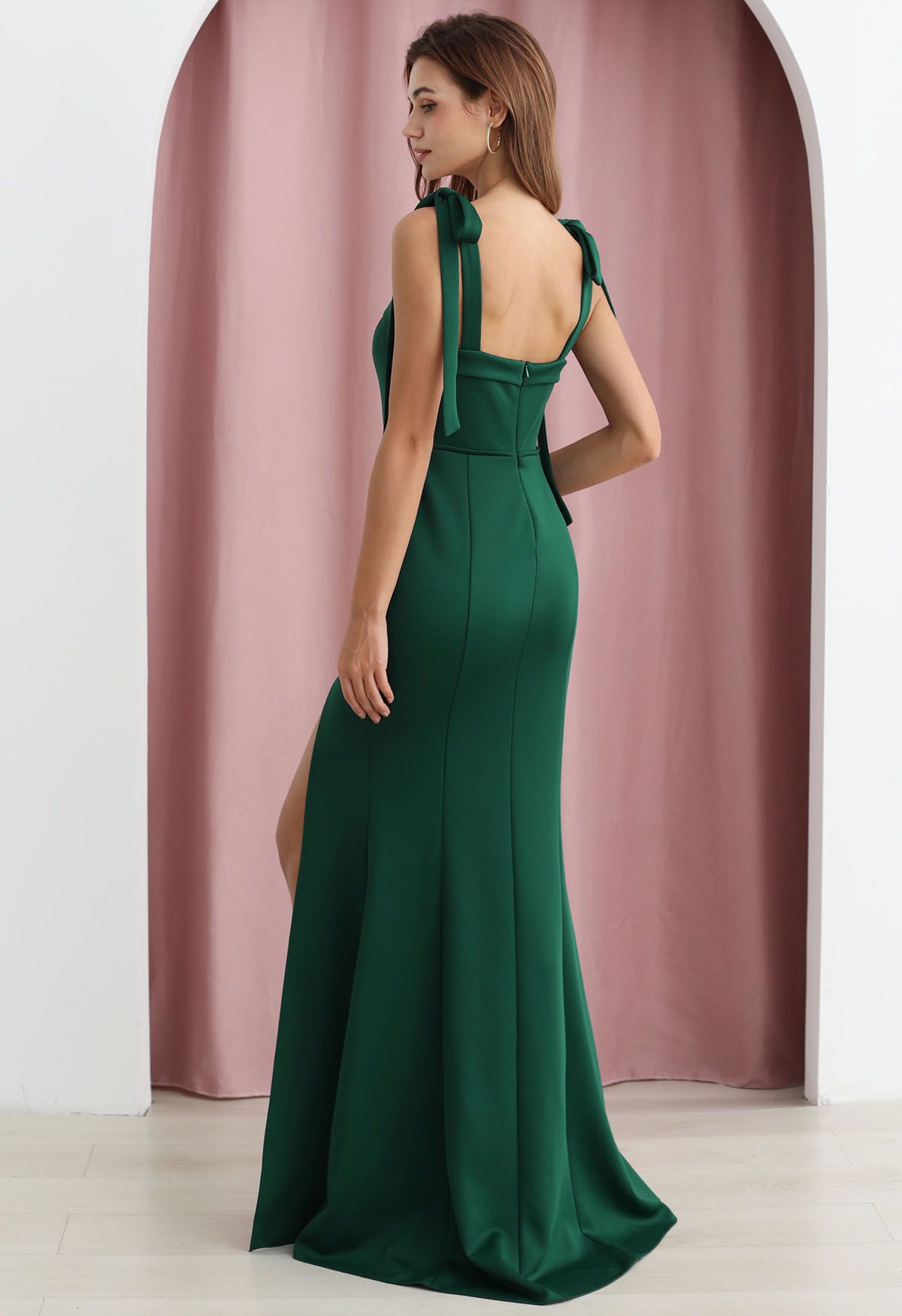 Tie-Shoulder High Slit Maxi Gown in Dark Green