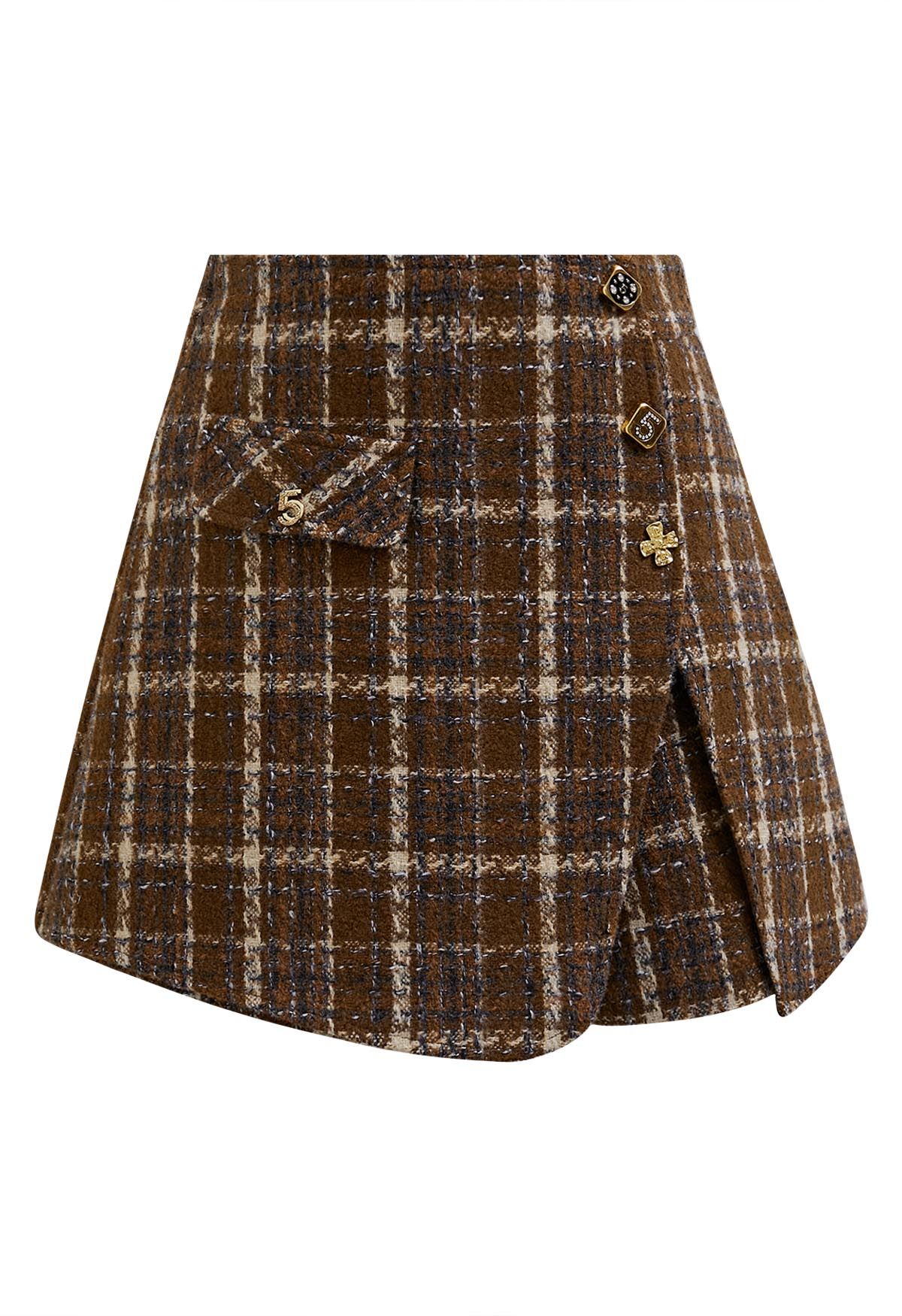 Decorative Buttons Flap Skorts in Brown Tweed - Retro, Indie and Unique ...