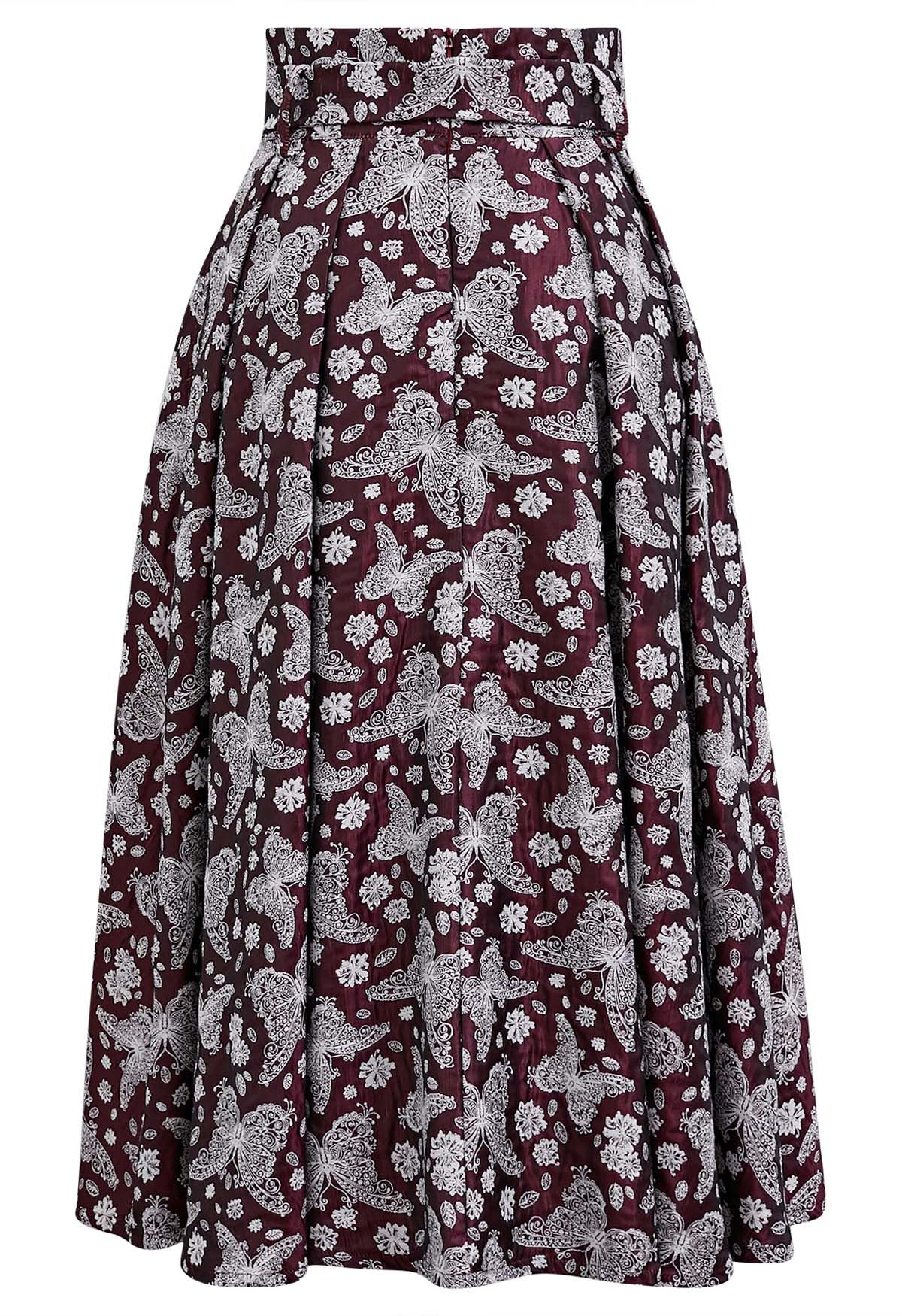 Whimsical Butterfly Belted A-Line Midi Skirt in Burgundy - Retro, Indie ...