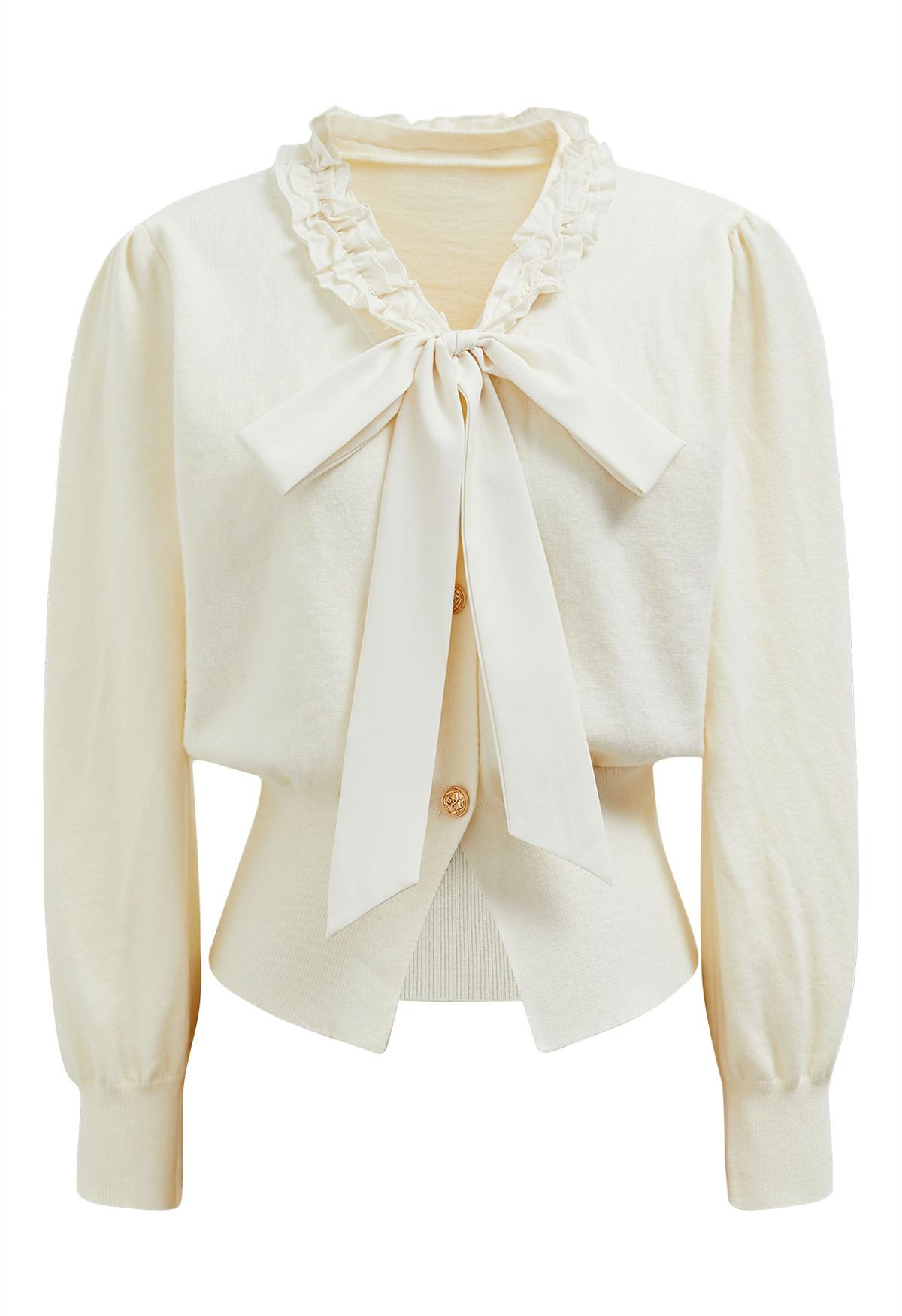 Ruffle Tie-Bow Wool-Blend Buttoned Top in Cream