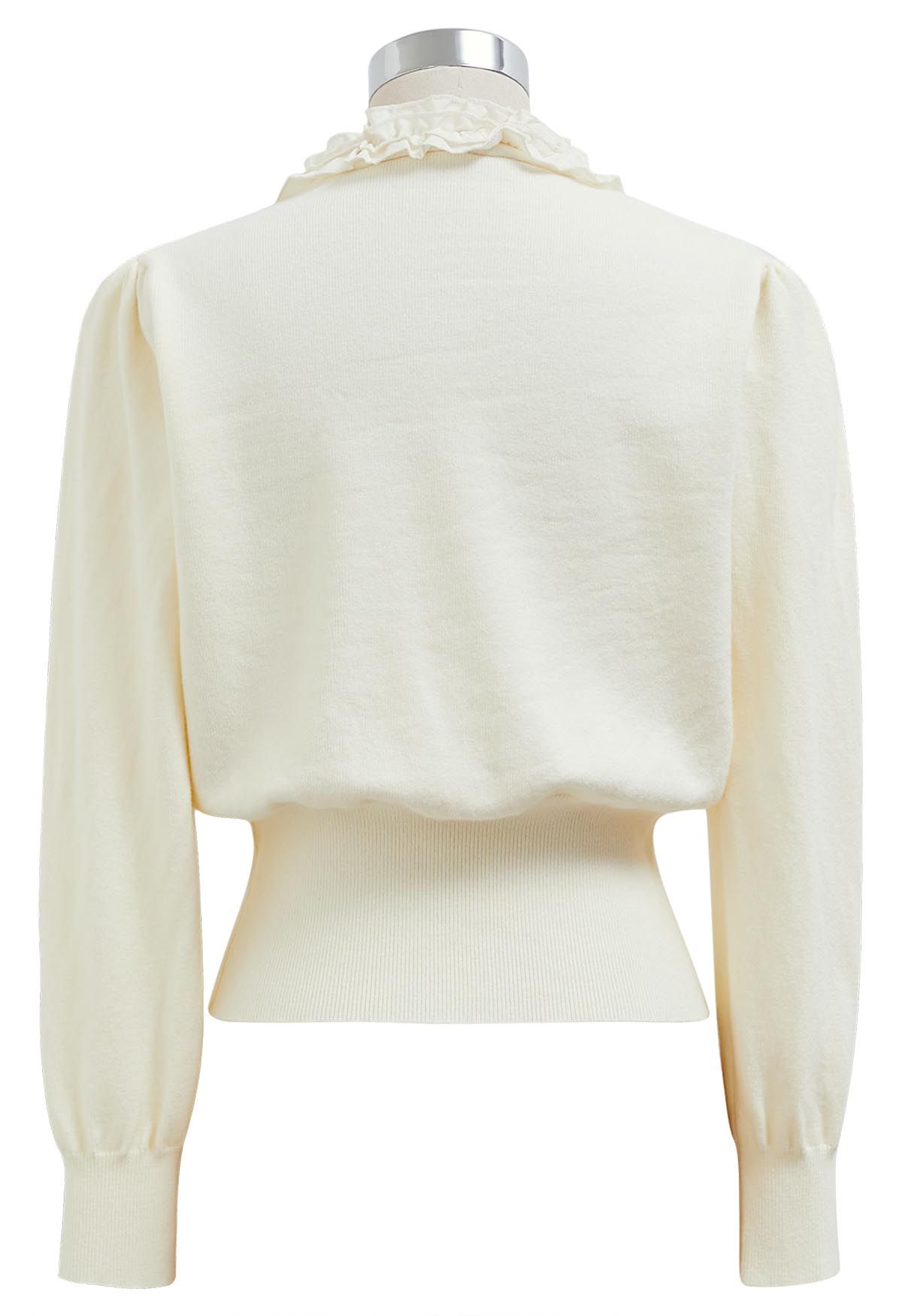 Ruffle Tie-Bow Wool-Blend Buttoned Top in Cream