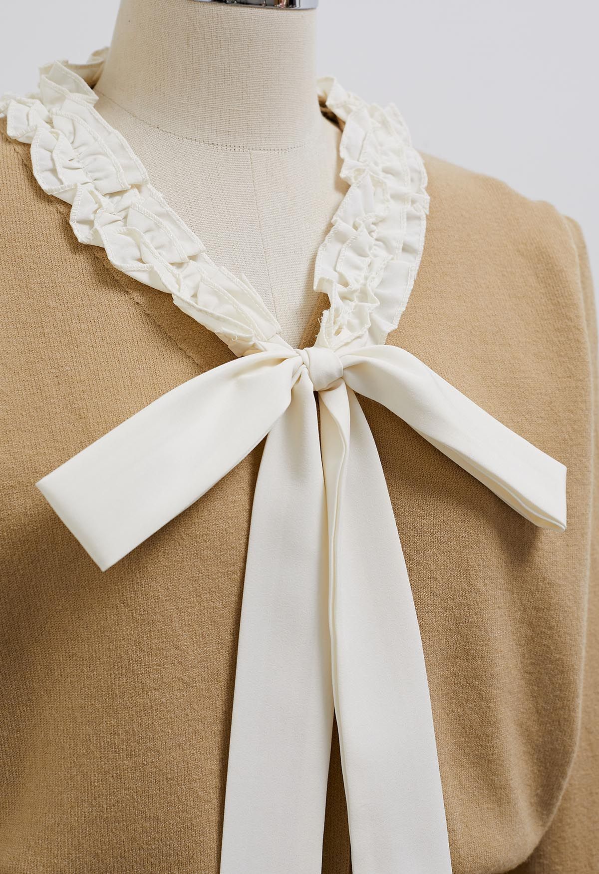 Ruffle Tie-Bow Wool-Blend Buttoned Top in Camel