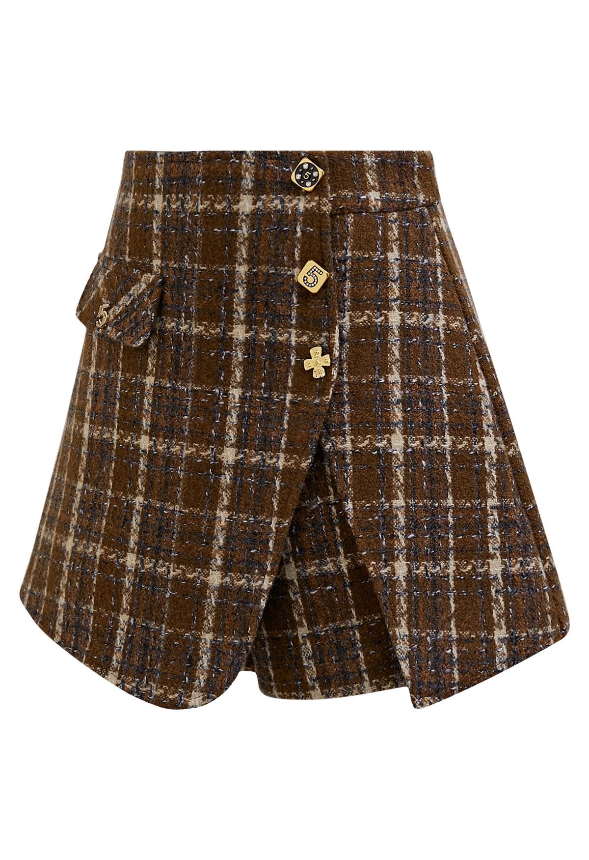 Decorative Buttons Flap Skorts in Brown Tweed