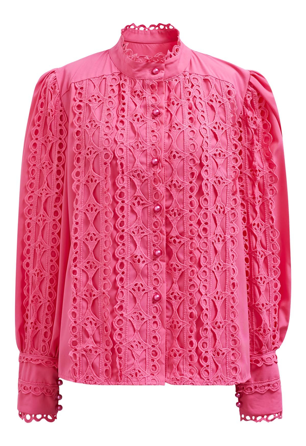 Exquisite Cutwork Bubble Sleeves Button-Up Shirt in Hot Pink - Retro ...