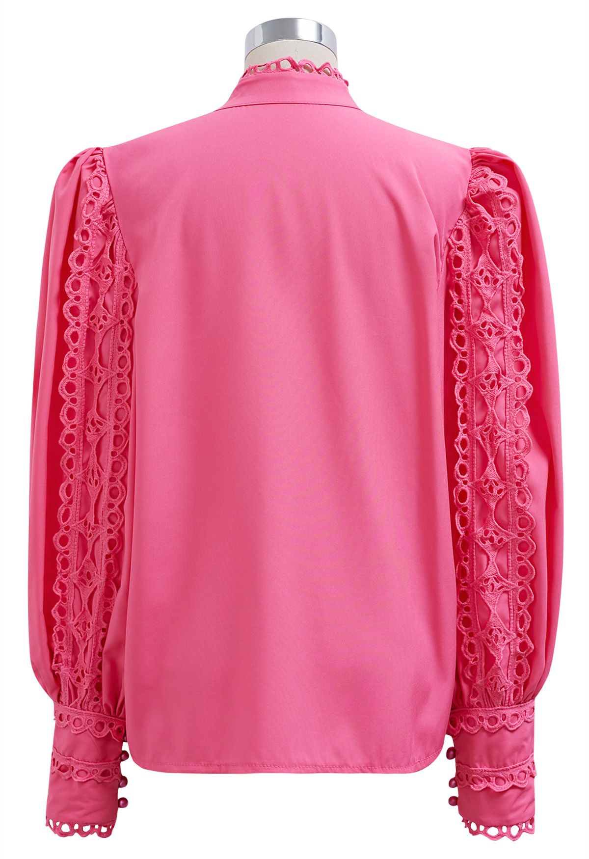 Exquisite Cutwork Bubble Sleeves Button-Up Shirt in Hot Pink