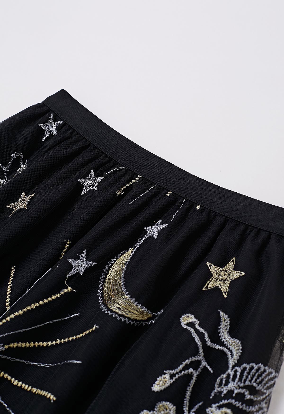 Mysterious Night Moon and Star Embroidered Mesh Tulle Skirt in Black ...