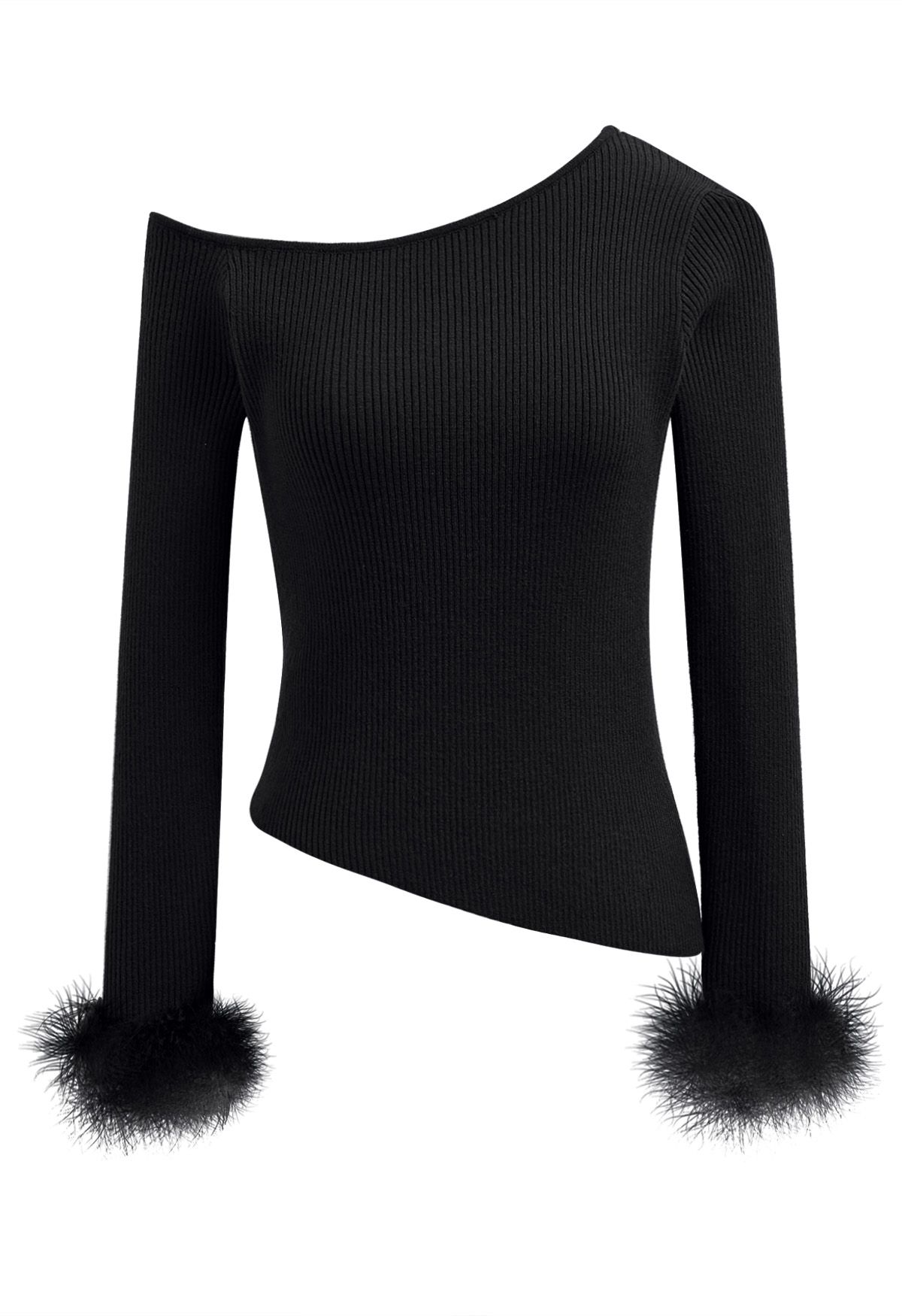 One-Shoulder Feathered Cuffs Knit Top in Black