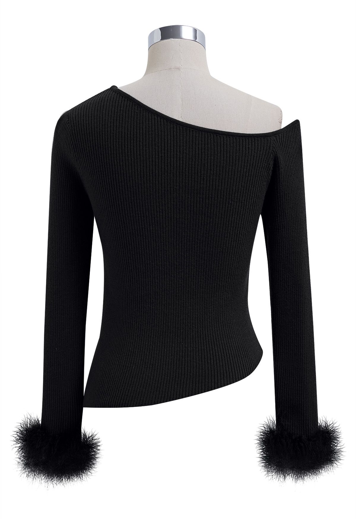 One-Shoulder Feathered Cuffs Knit Top in Black