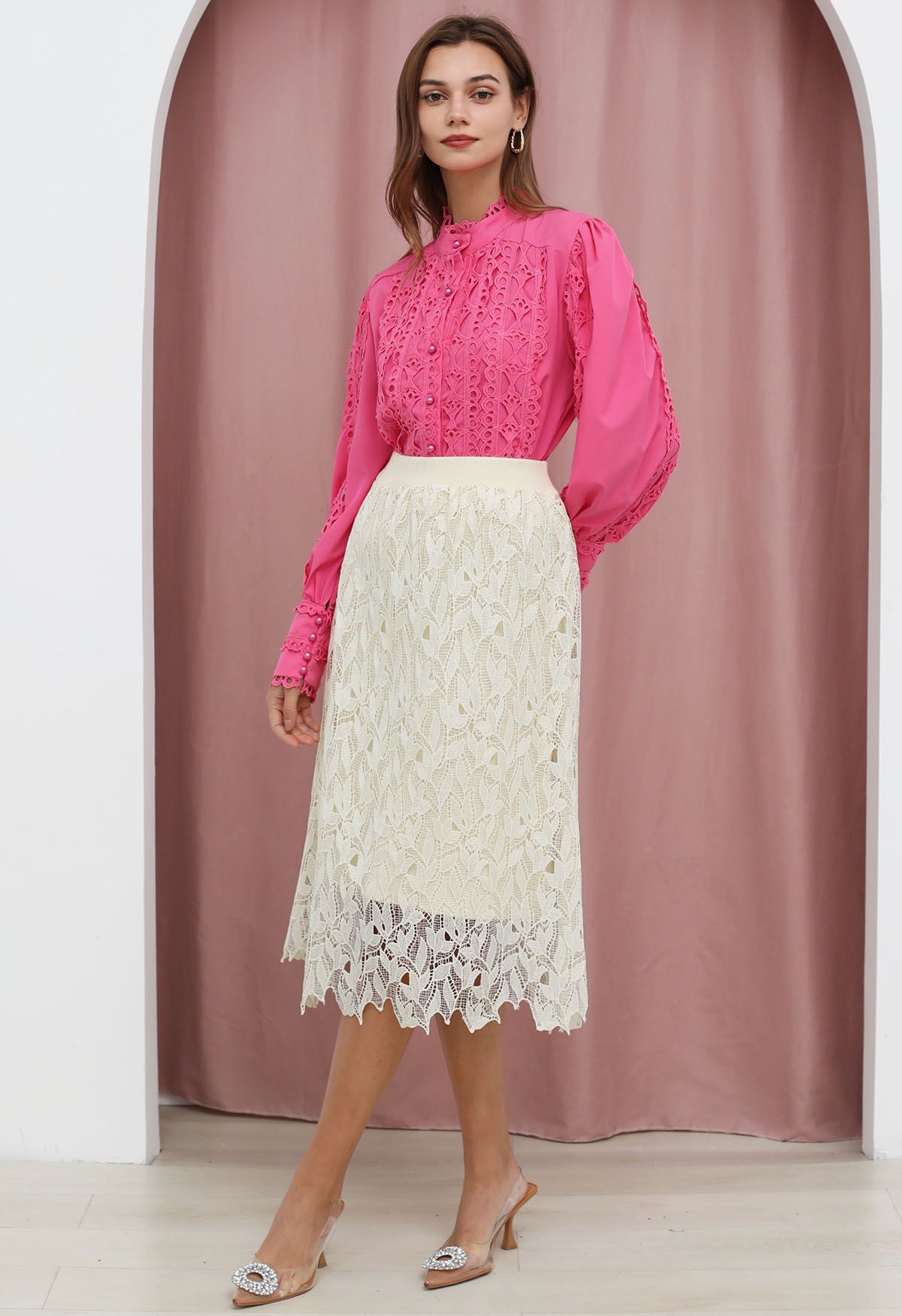 Exquisite Cutwork Bubble Sleeves Button-Up Shirt in Hot Pink