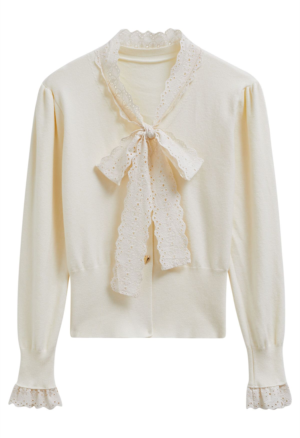 Embroidered Eyelet Bowknot Heart Button Fuzzy Knit Cardigan in Cream