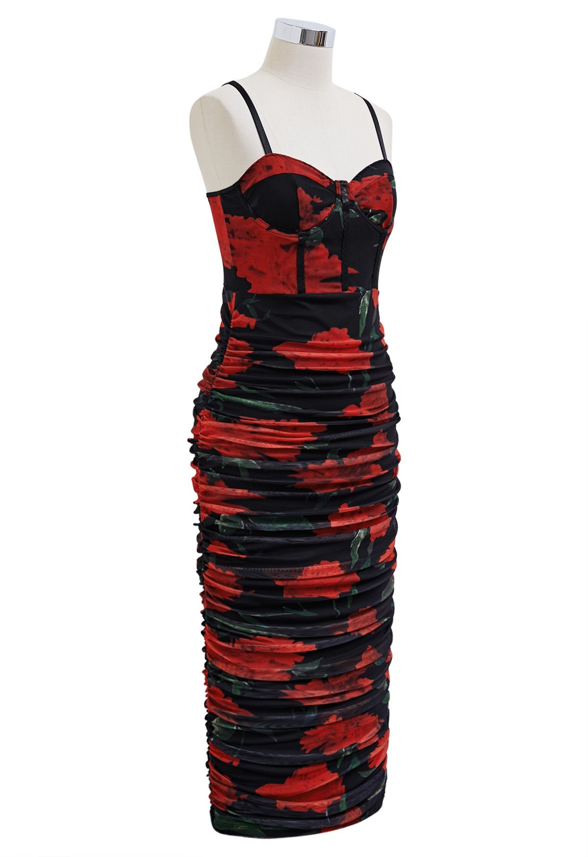 Red Floral Ruched Mesh Cami Dress