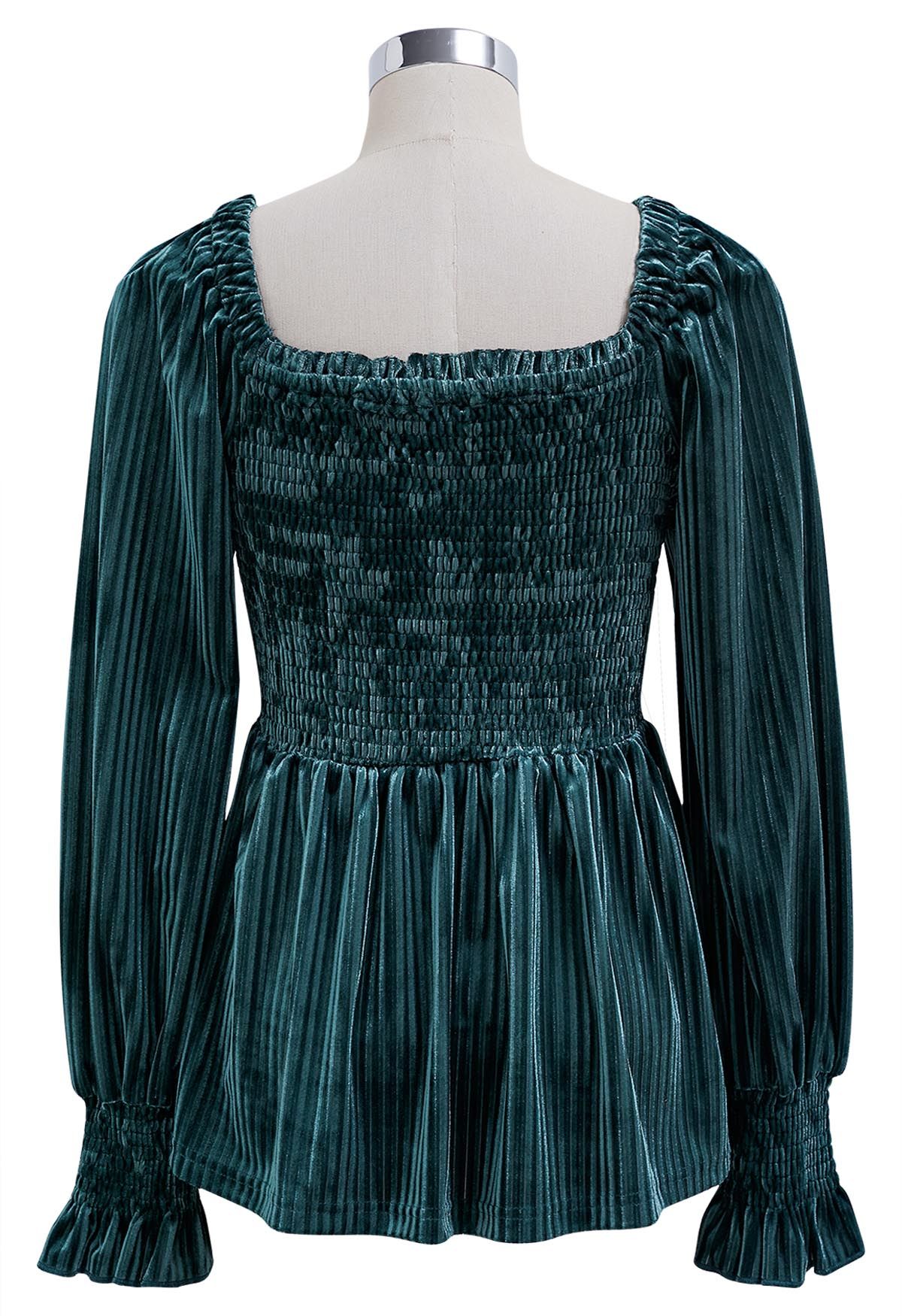 Striped Velvet Square Neck Peplum Top in Teal