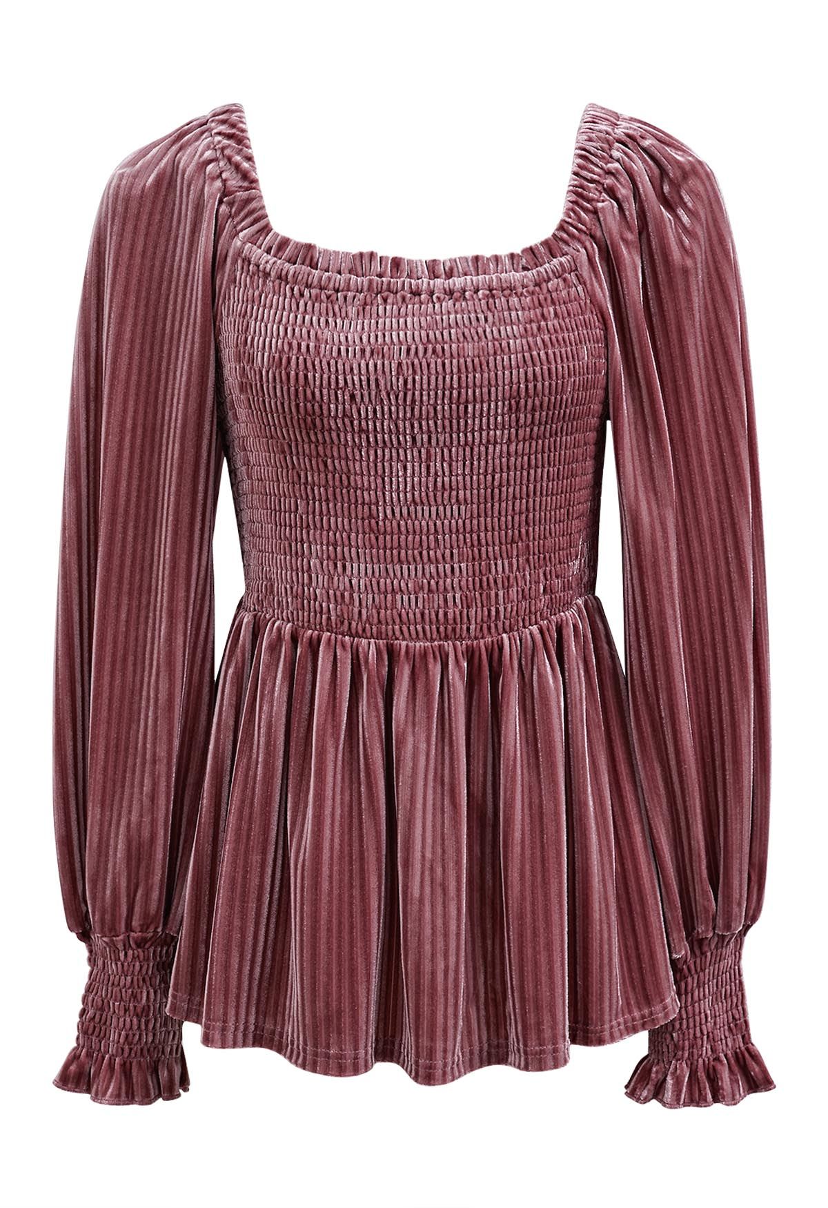 Striped Velvet Square Neck Peplum Top in Pink