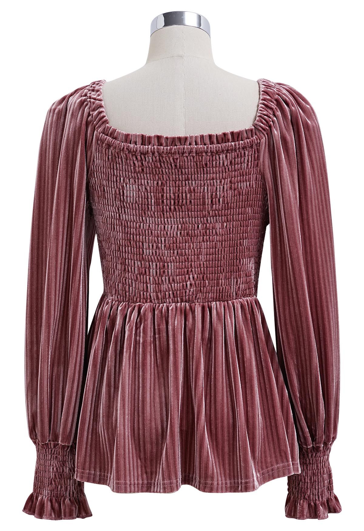 Striped Velvet Square Neck Peplum Top in Pink