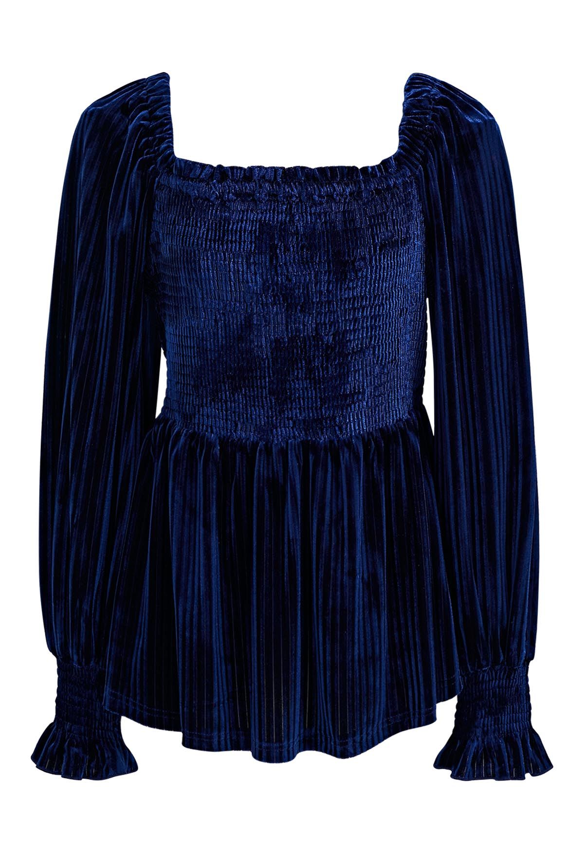 Striped Velvet Square Neck Peplum Top in Navy