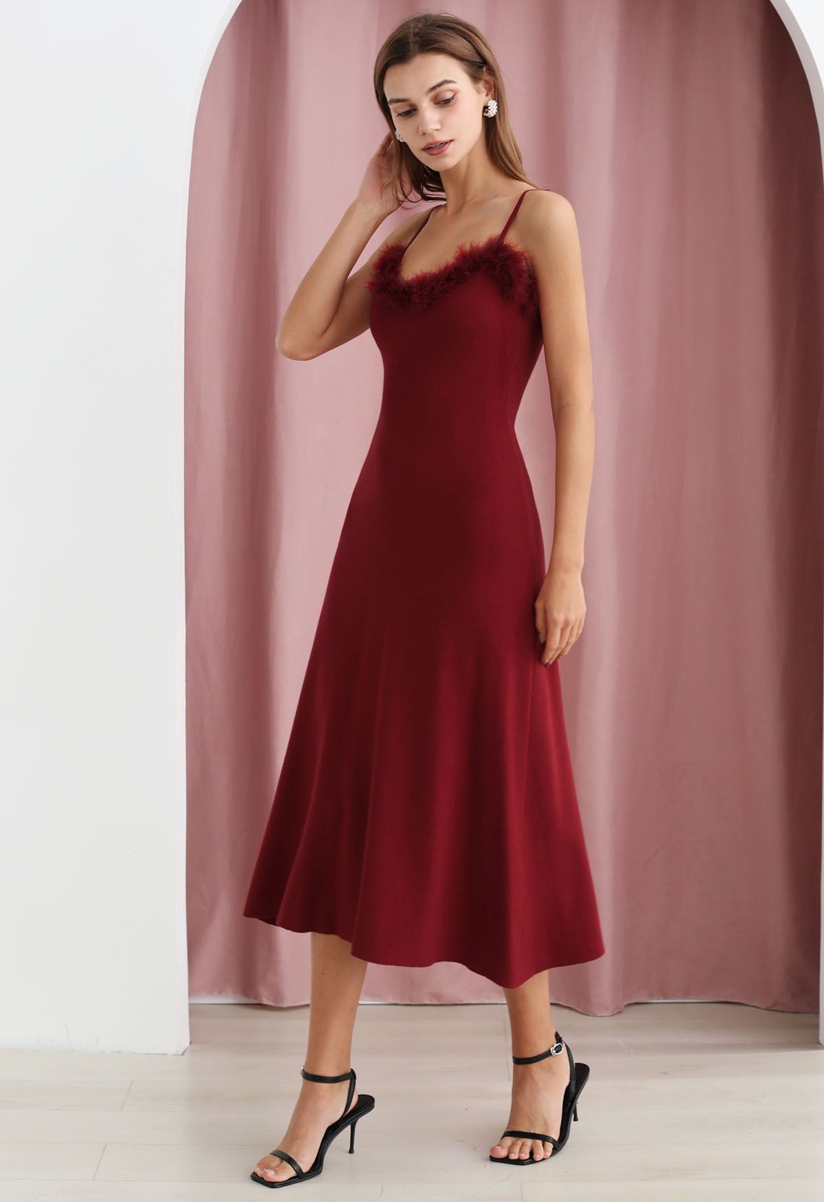 Detachable Feather Trim Knit Cami Dress in Red