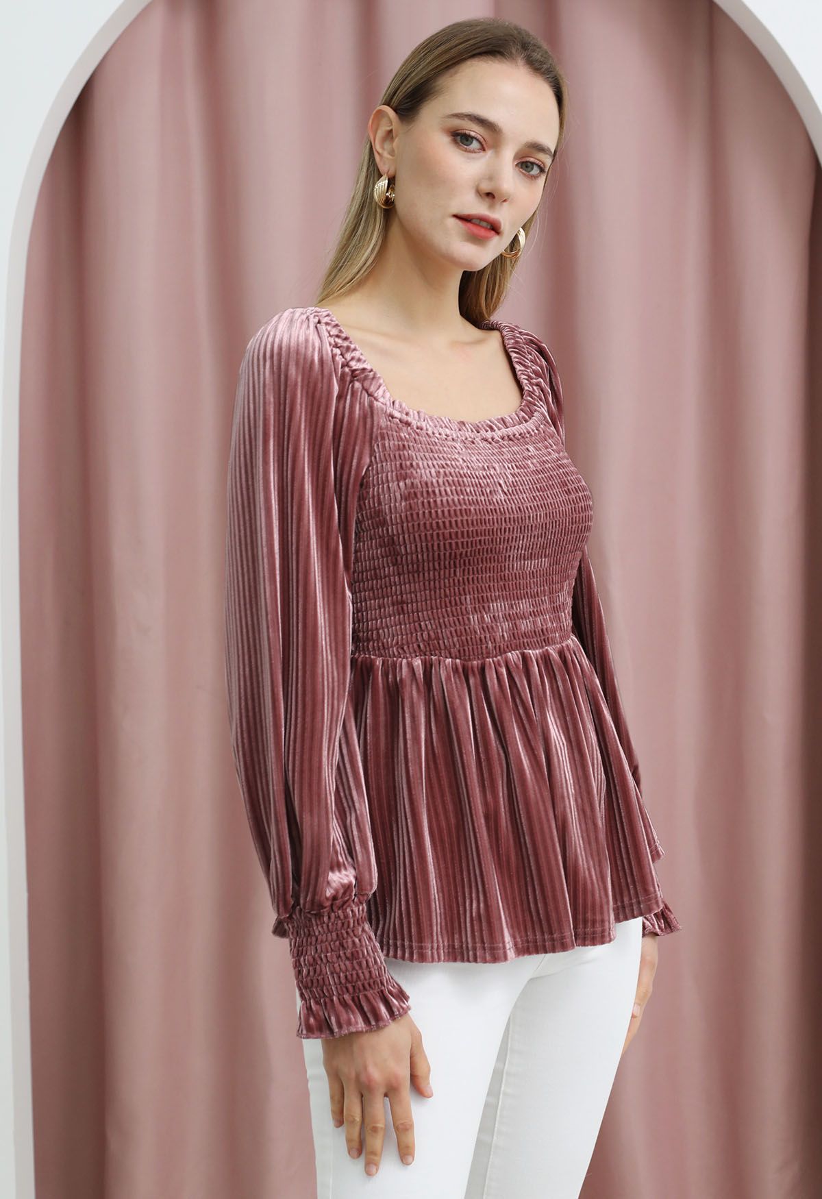 Striped Velvet Square Neck Peplum Top in Pink