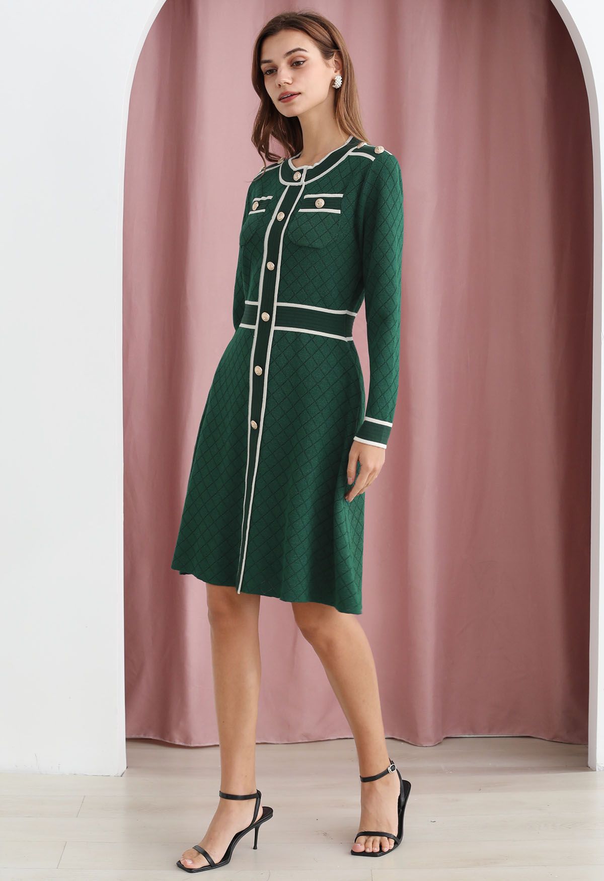 Contrast Details Shimmer Knit Eyelet Dress in Green