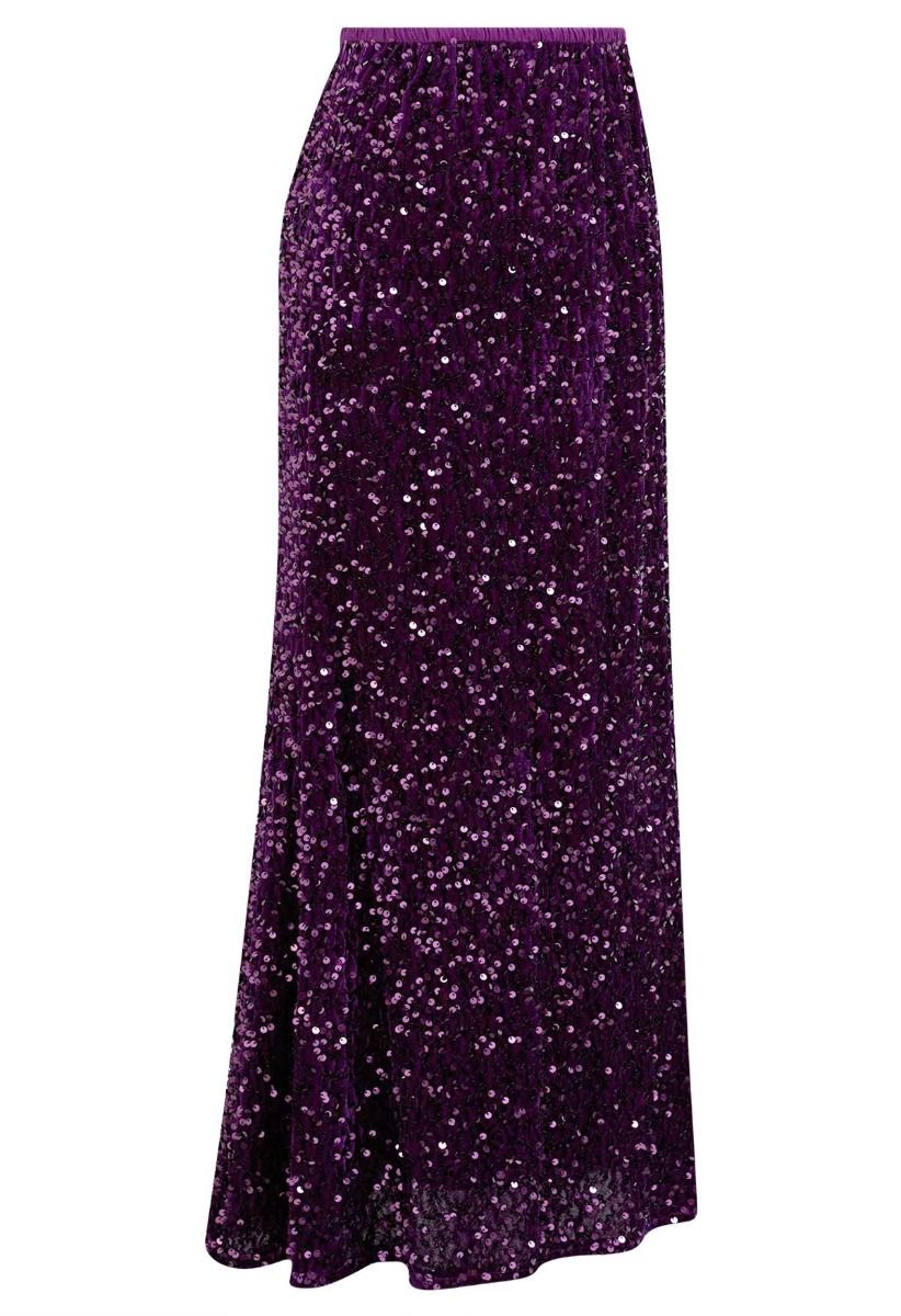 Dazzling Dream Sequin Velvet Maxi Skirt in Purple