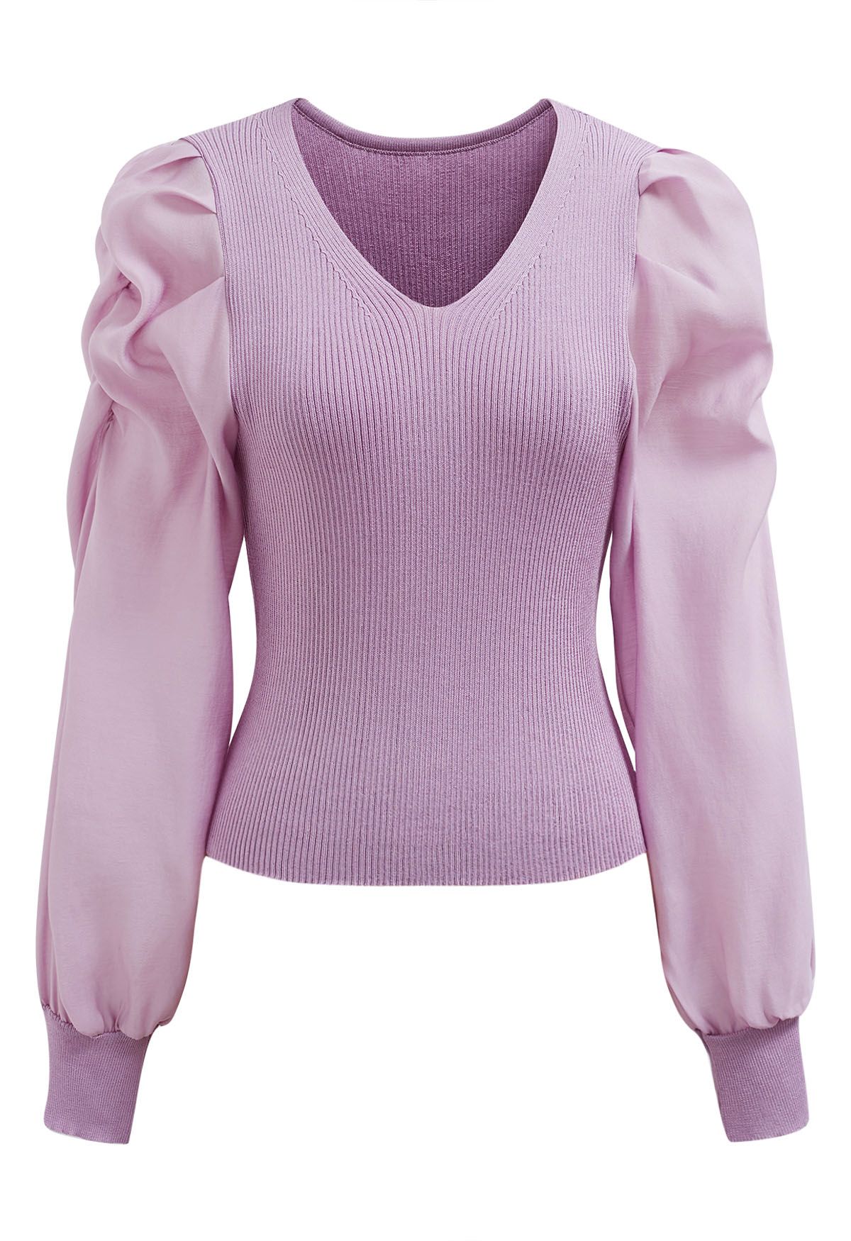 Dramatic Puff Sleeves V-Neck Spliced Knit Top in Lilac