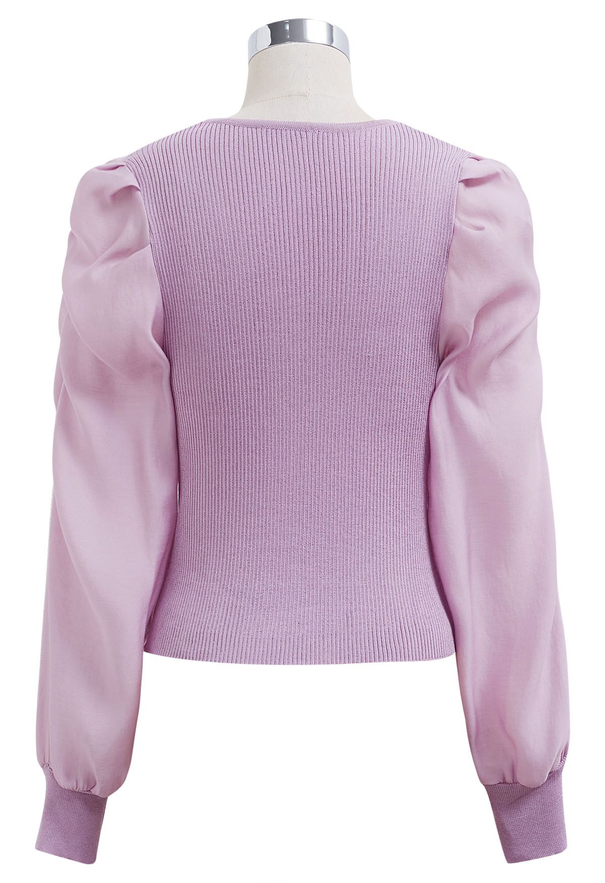 Dramatic Puff Sleeves V-Neck Spliced Knit Top in Lilac